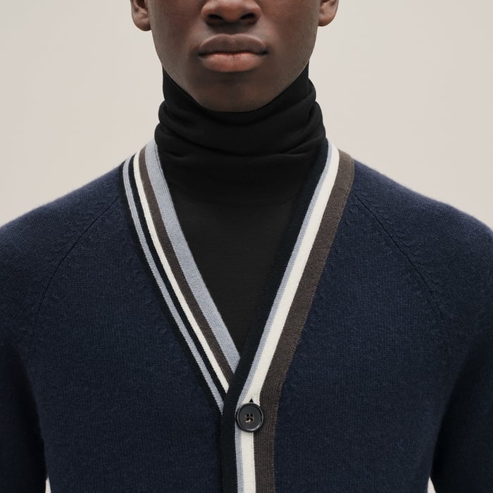 Marine Cashmere "Rayures Asymetriques" Buttoned Cardigan