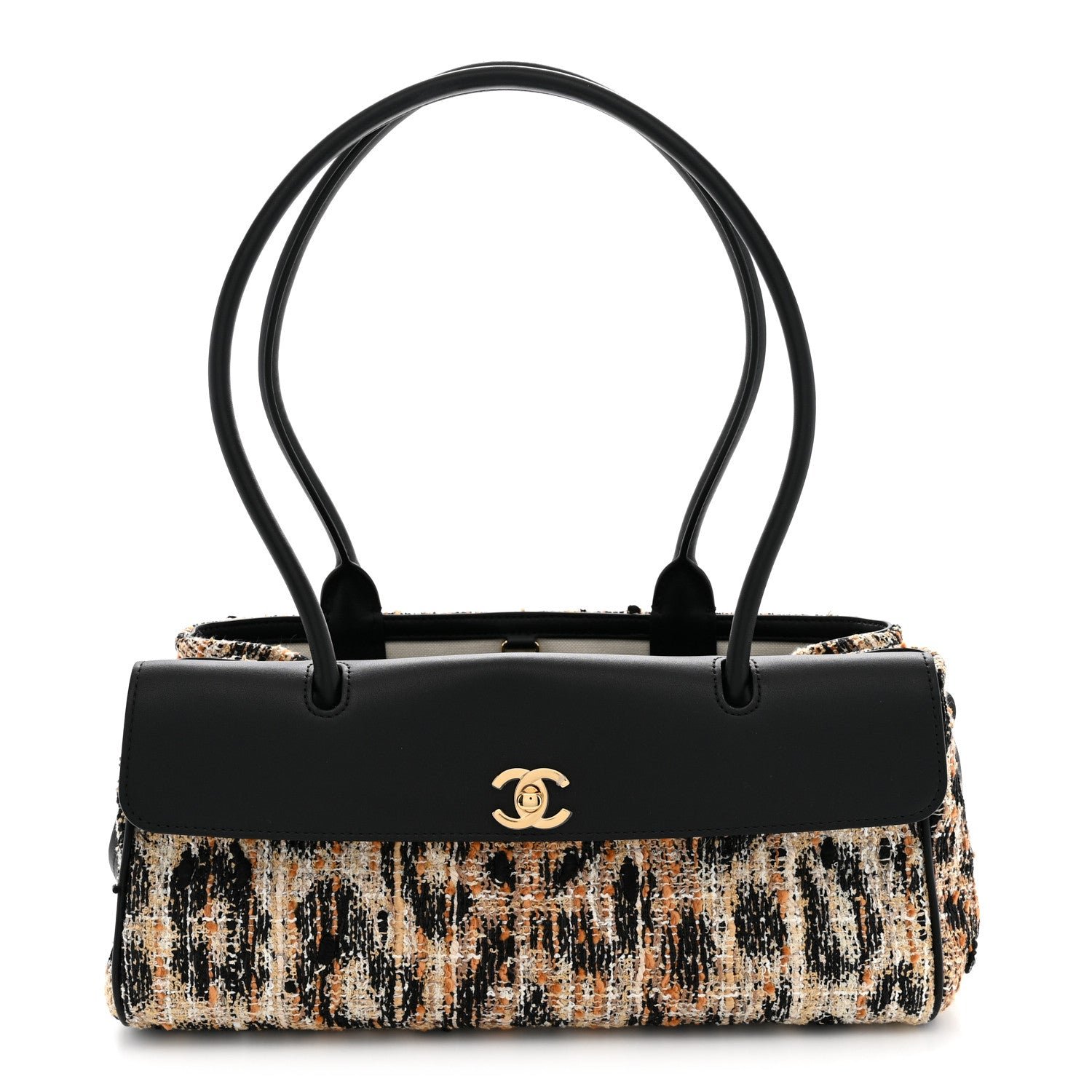 Chanel Calfskin Tweed Mixed Fibers Leopard Print Urban Essentials Small Shopping Bag Brown Black White