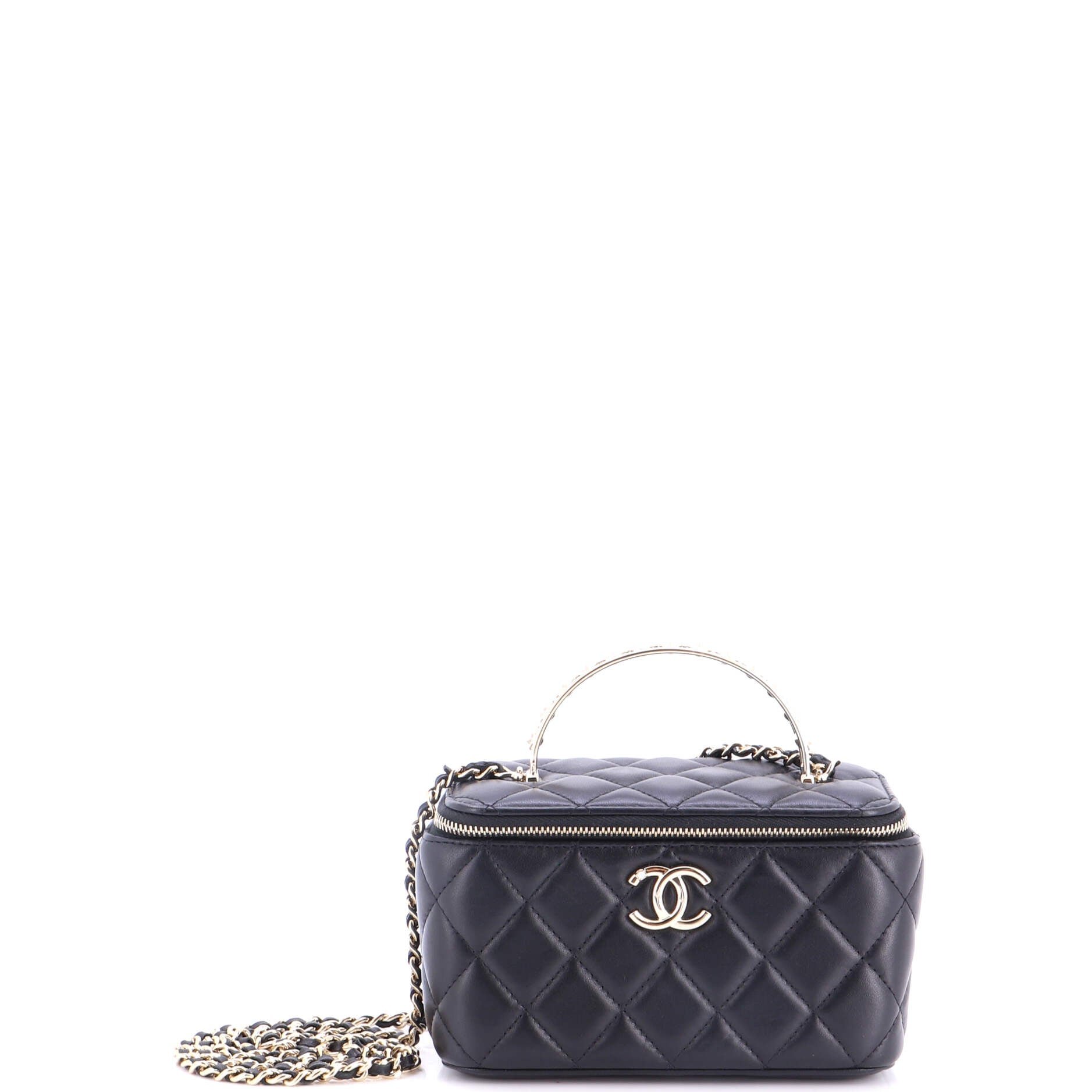 Pearl Detail Handle Vanity Case with Chain Quilted Lambskin Small