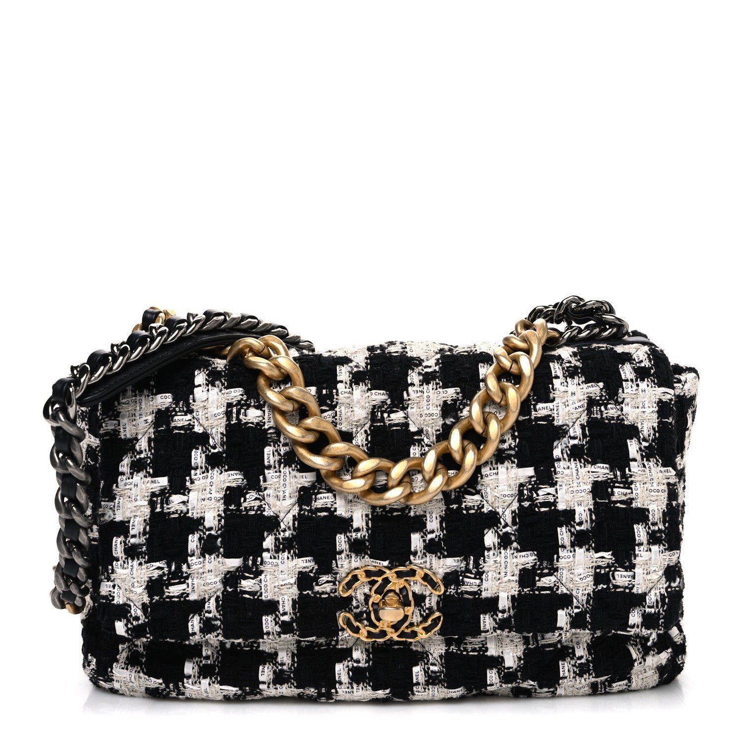 Chanel Tweed Quilted Large Chanel 19 Flap Black Ecru White