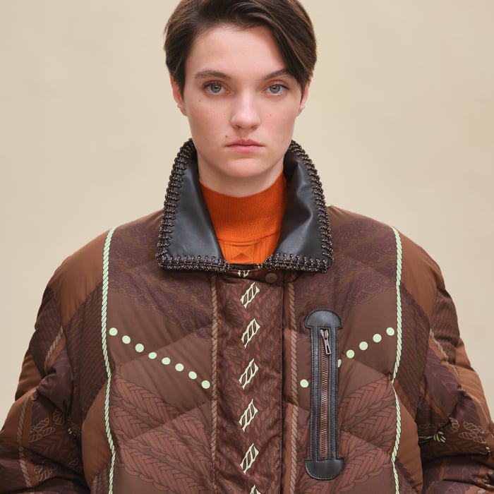 Marron Bois "Dressage Tressage" Mixed Leather Short Puffer Coat
