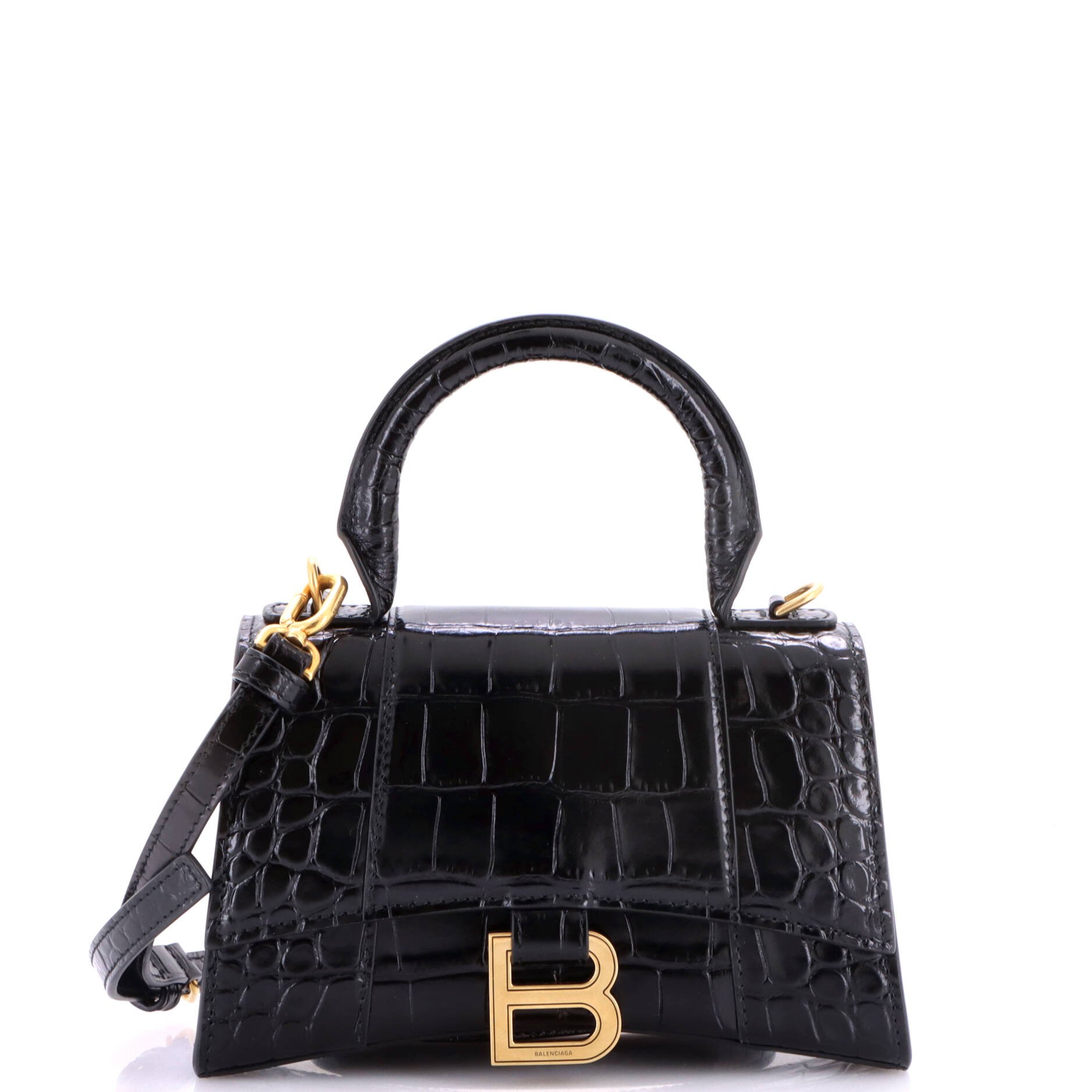 Hourglass Top Handle Bag Crocodile Embossed Leather XS