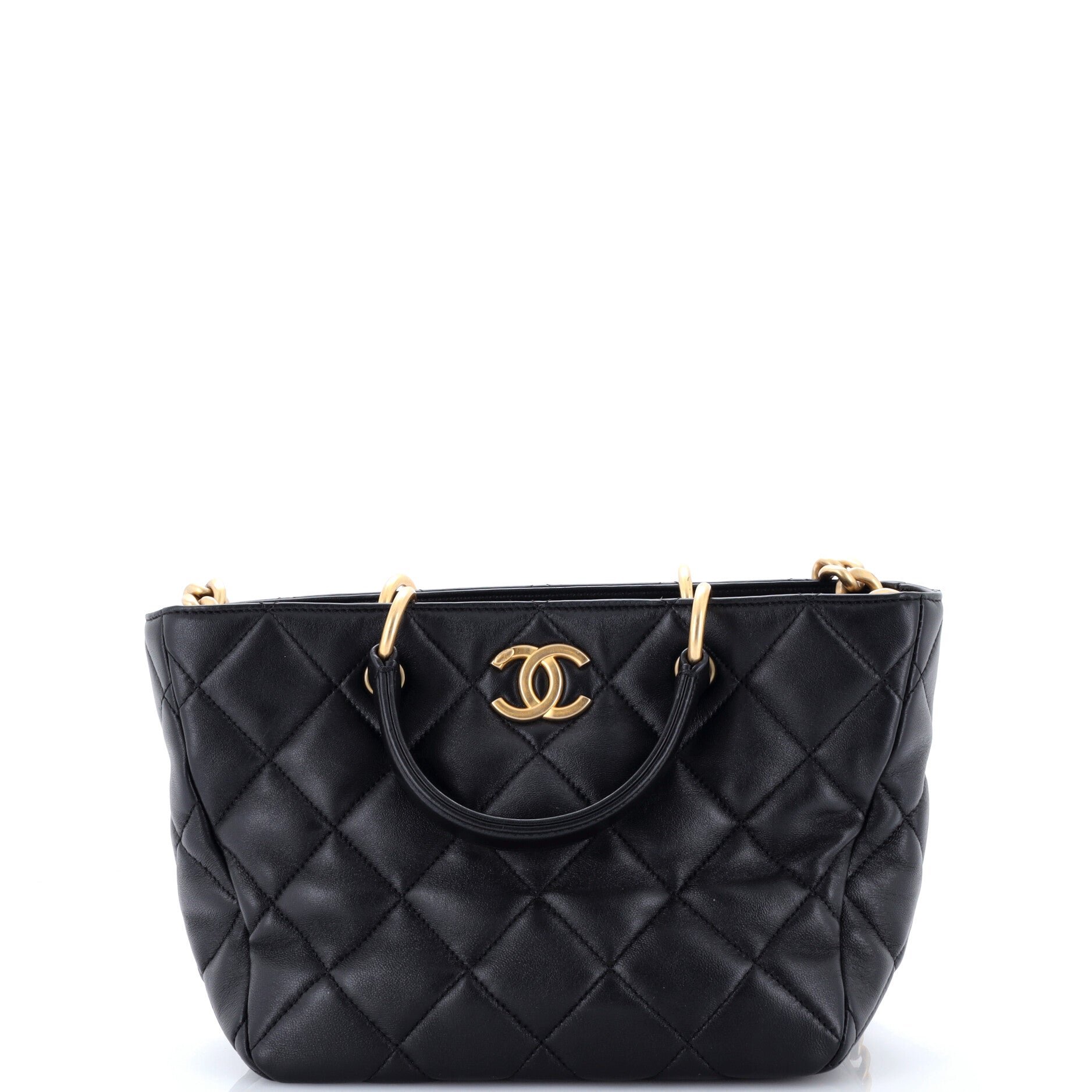 CC Top Handle Chain Shopping Tote Quilted Lambskin Small