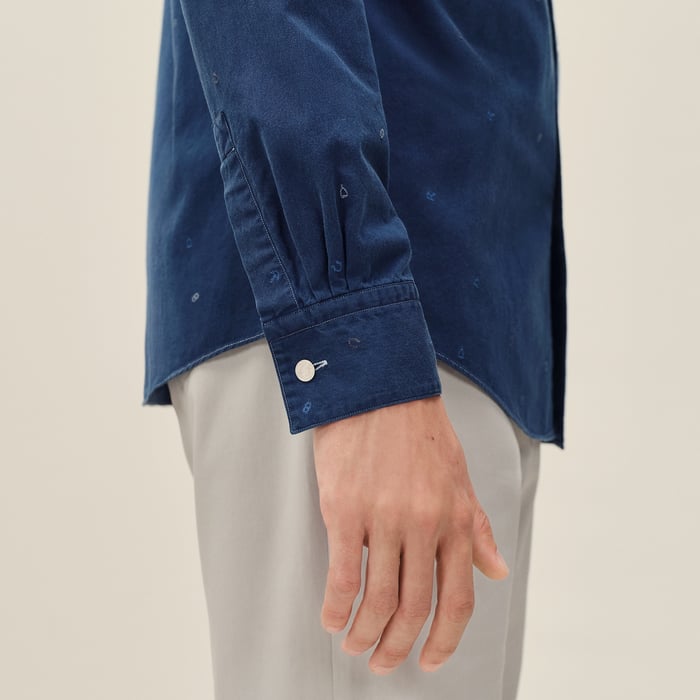 Indigo Lavé "Calligraphie Equestre Jacquard" Fitted Shirt With Louis Collar