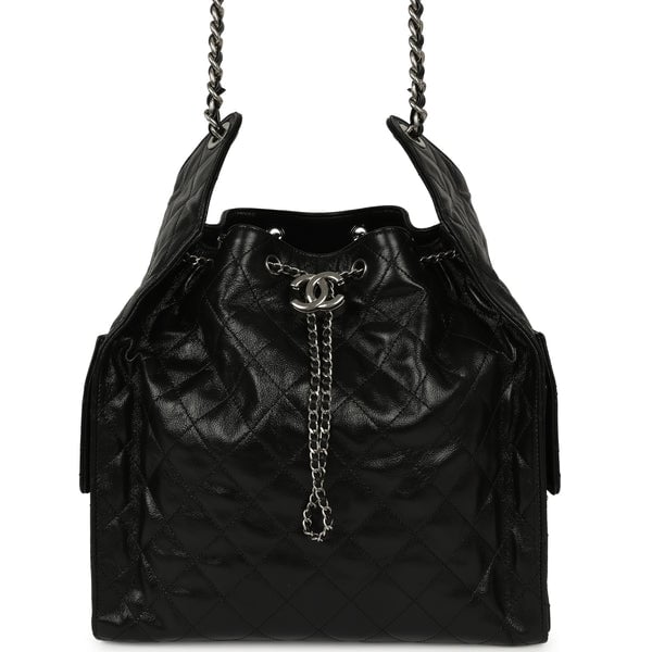 Chanel Medium 25 Hobo Bag Black Shiny Crumpled Calfskin Mixed Silver Hardware
