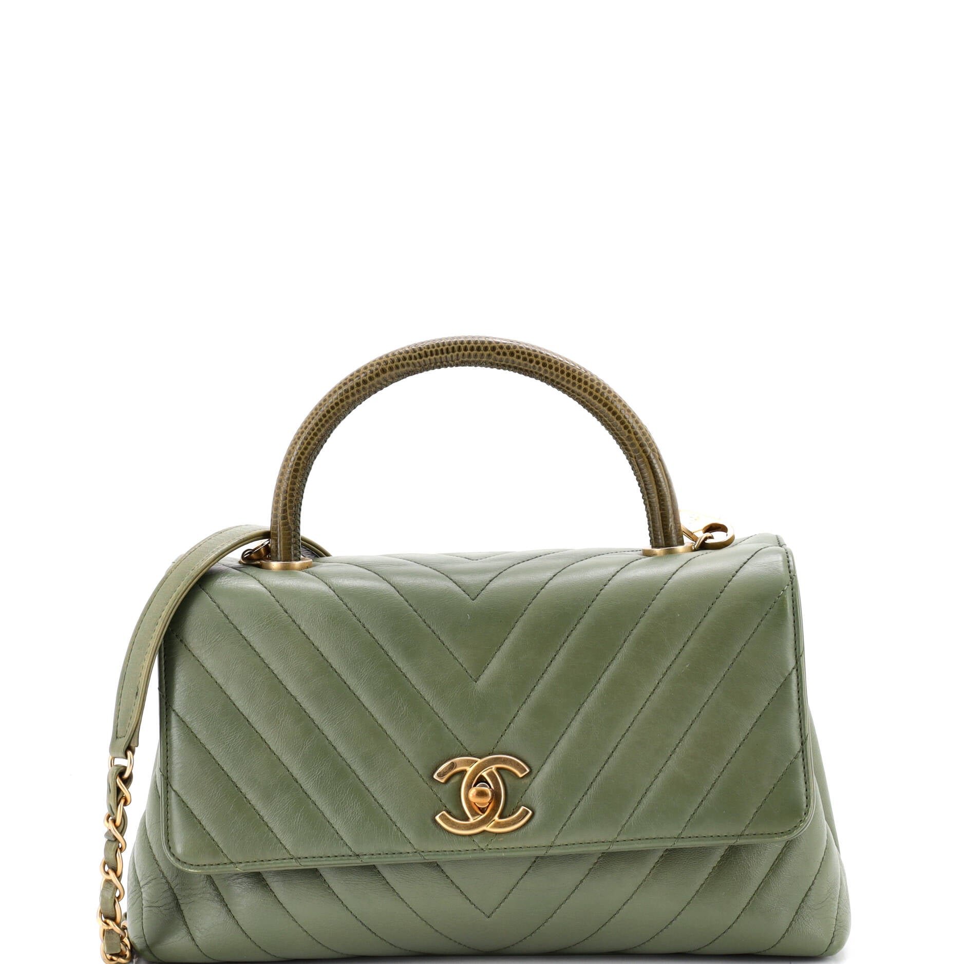 Coco Top Handle Bag Chevron Calfskin with Lizard Small