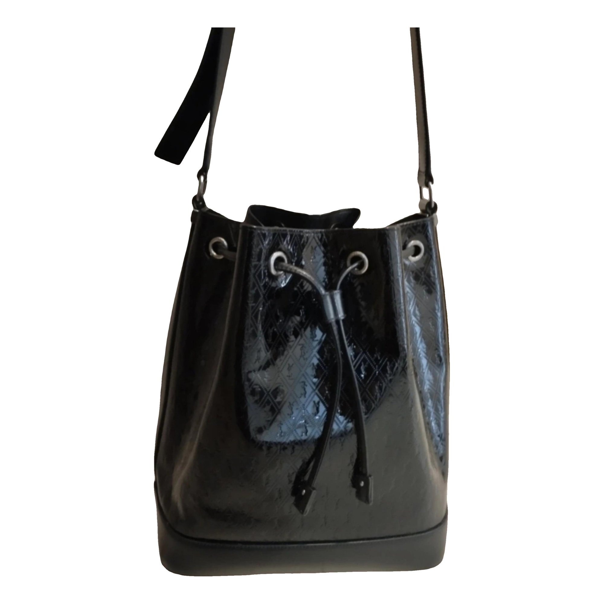 Monogram bucket patent leather handbag