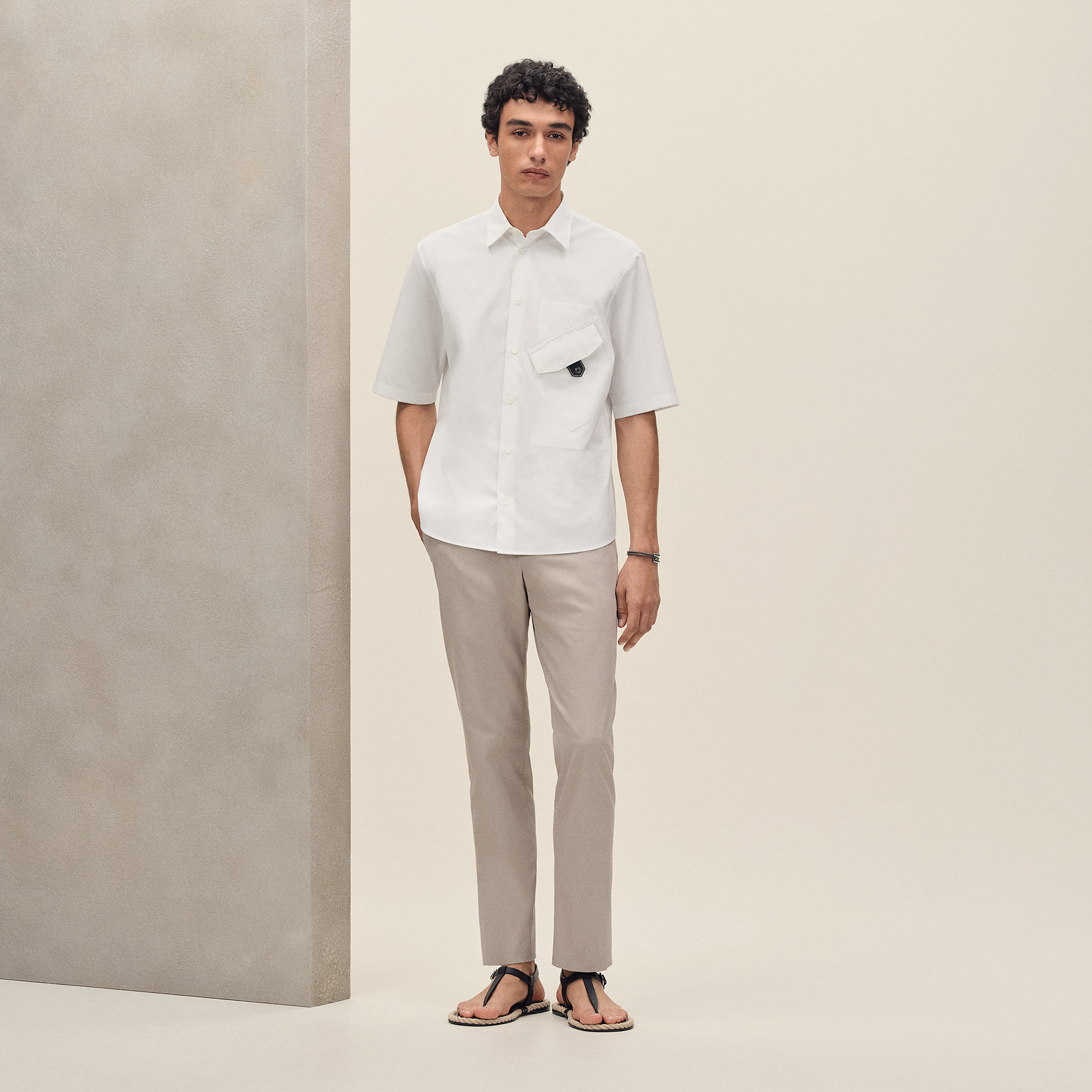 Short-sleeve straight cut shirt with leather detail