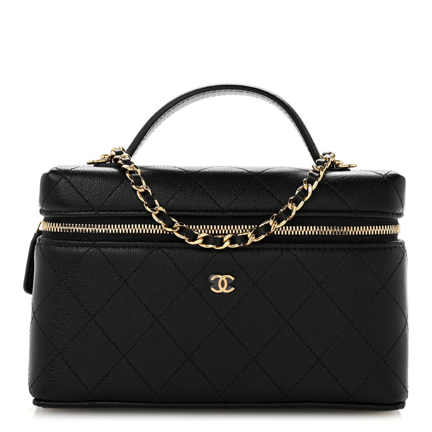 Chanel Goatskin Quilted Top Handle Slim Vanity With Chain Black