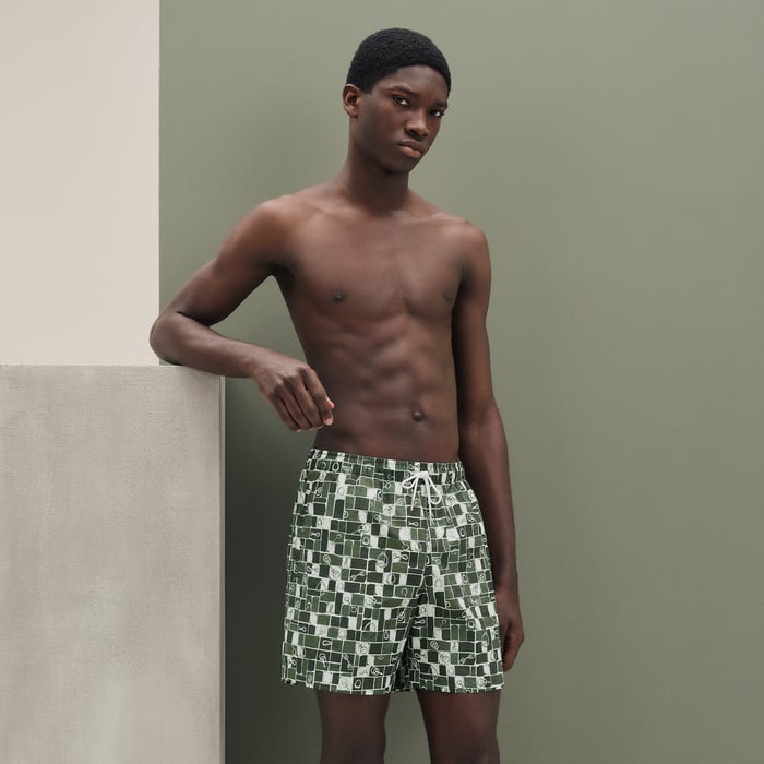 Olive "Mosaique Equestre" Swim Trunks