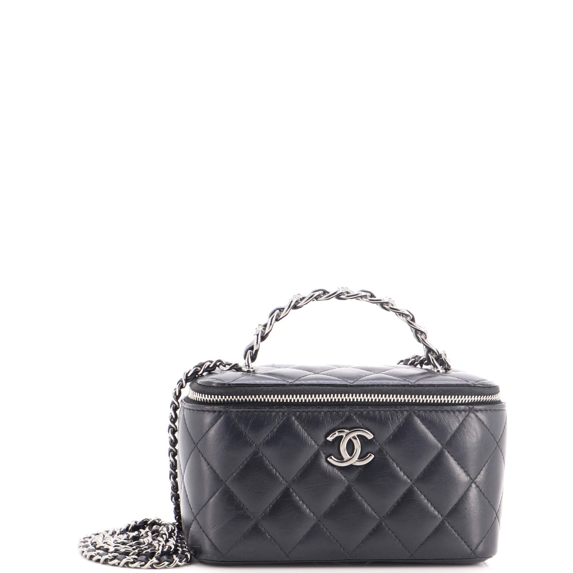 Top Handle Vanity Case with Chain Quilted Lambskin with Crystals Small