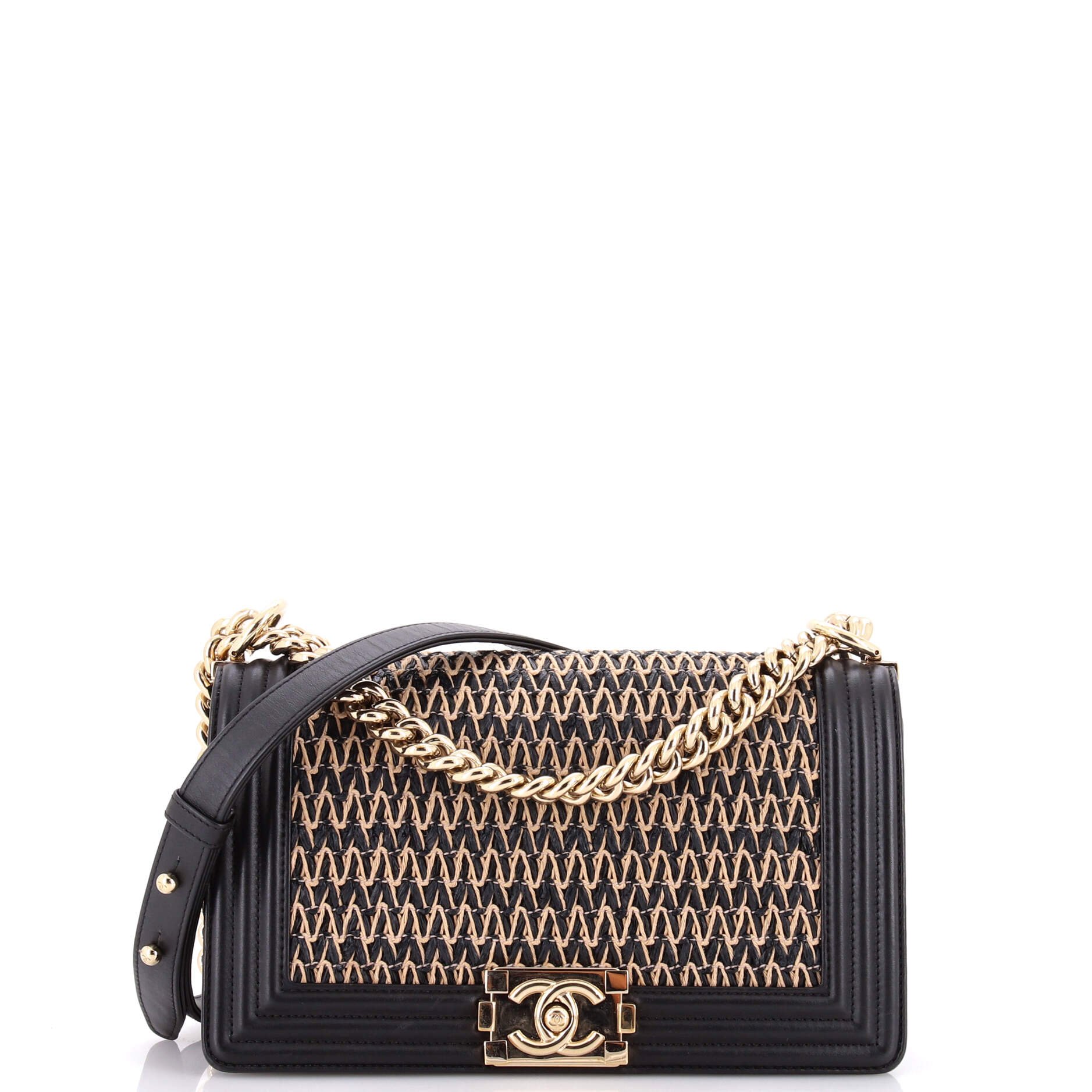 Boy Flap Bag Chevron Woven Raffia and Leather Old Medium