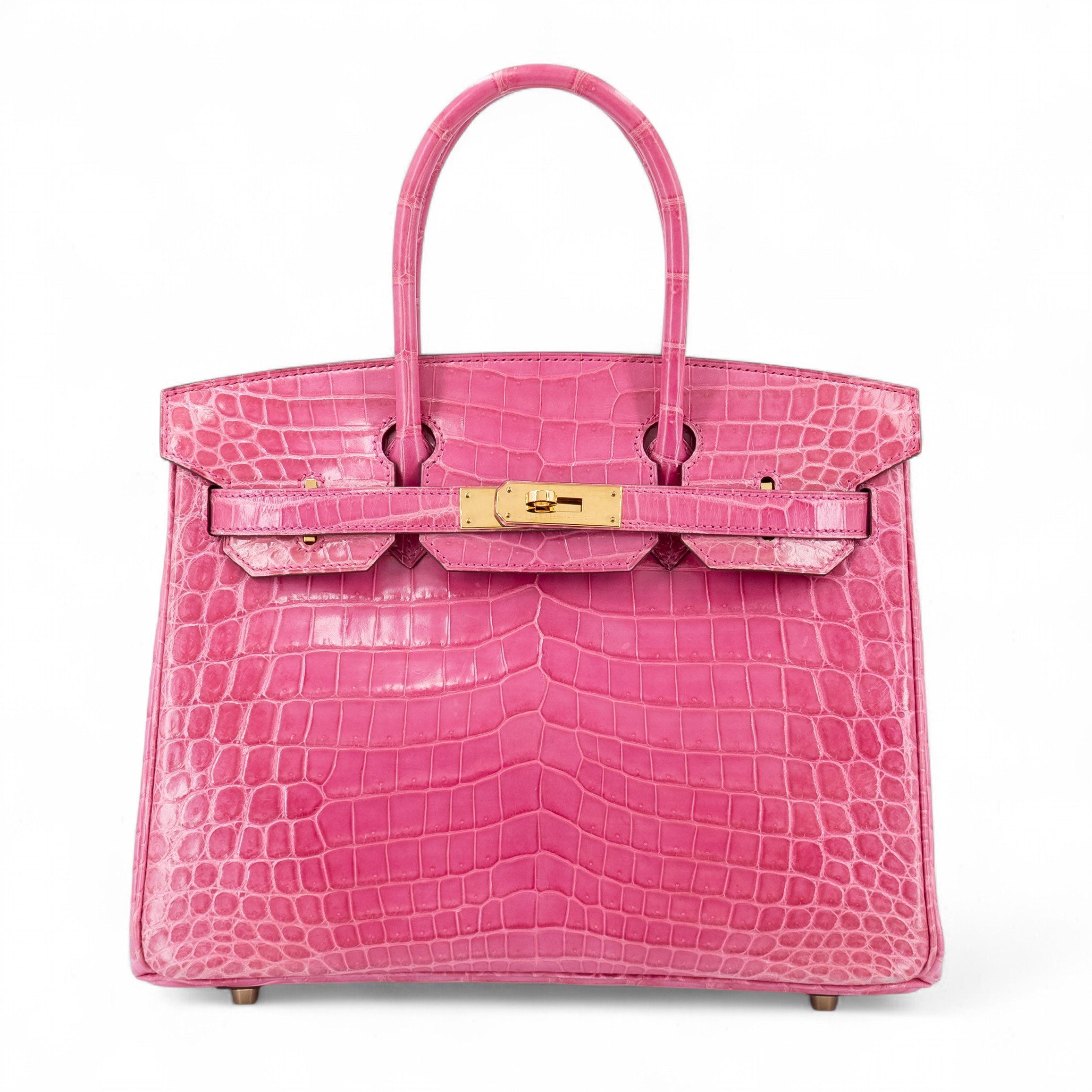 Very Good ( Rank A) HERMÈS Birkin 30 Rose Tyrien (E5) Shiny Niloticus Crocodile Gold hardware Square Q (2013)