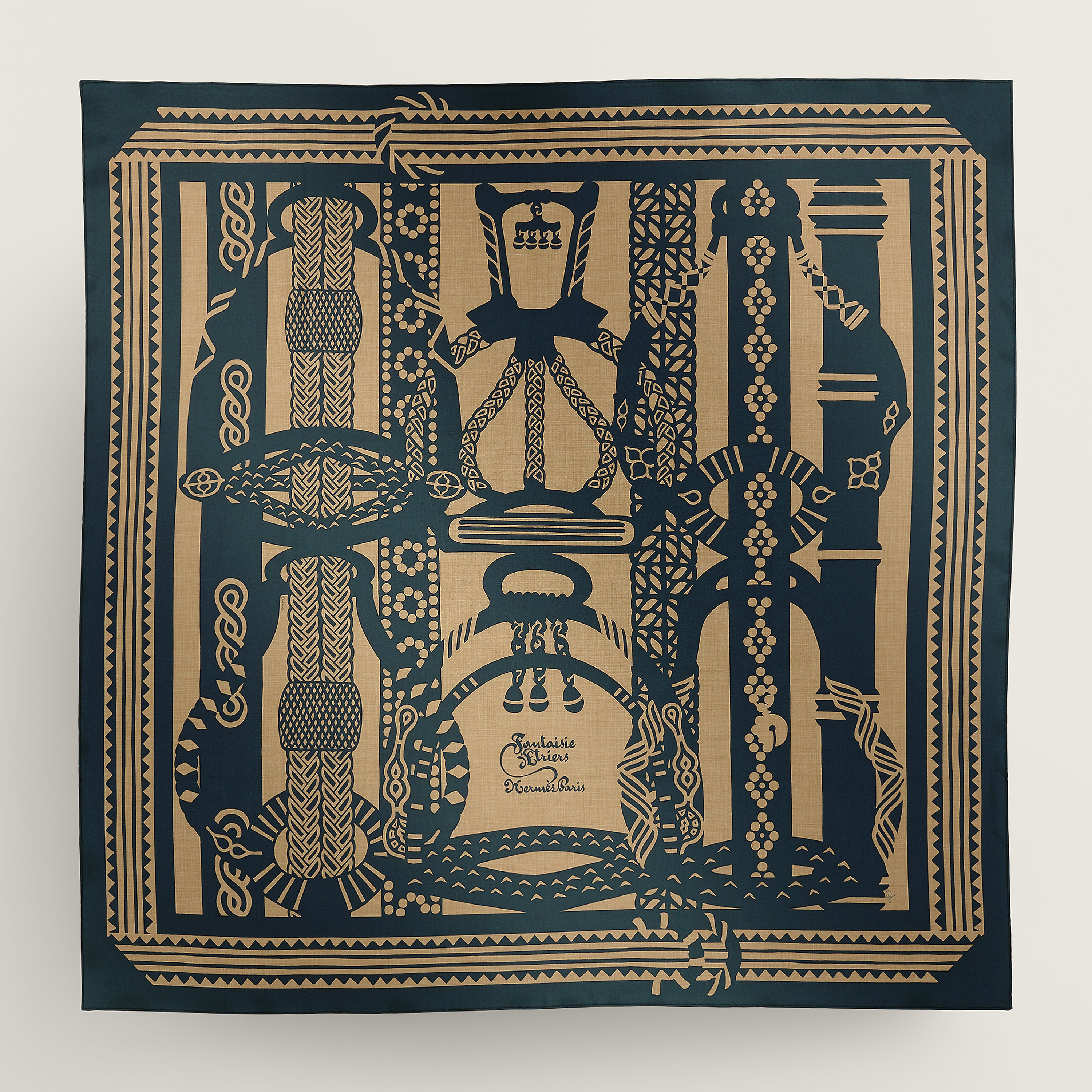 Hermès Fantaisie d'Etriers shawl 140 Caramel/Caban | BagUSeek