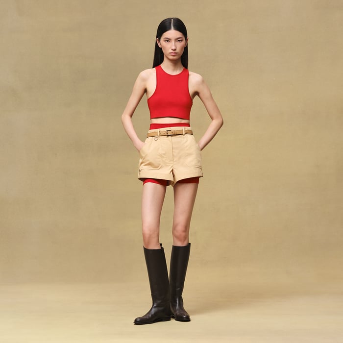 Beige Cajou Pleated Waist Cotton Shorts