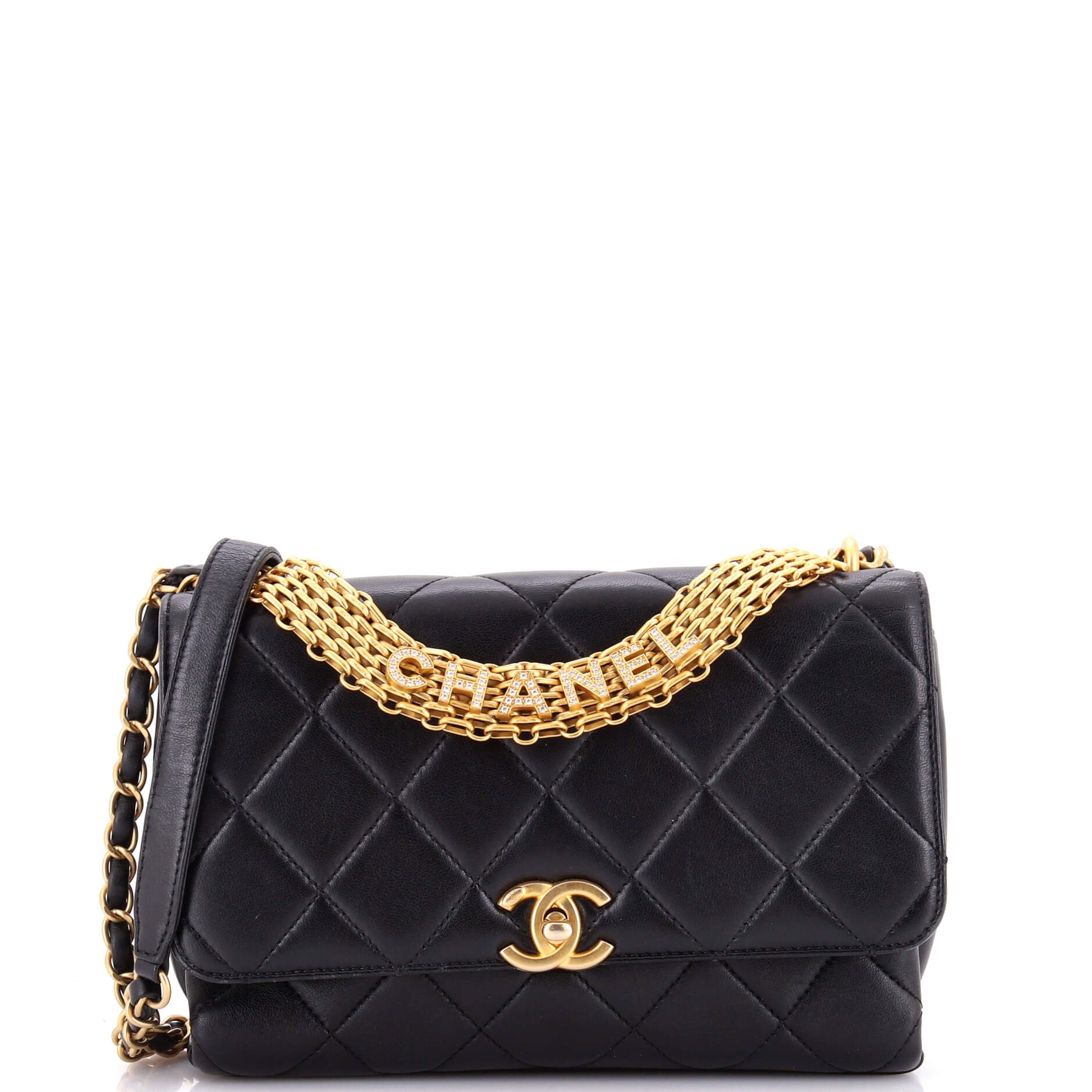 Crystal Logo Letters Chain Handle Flap Bag Quilted Lambskin Medium