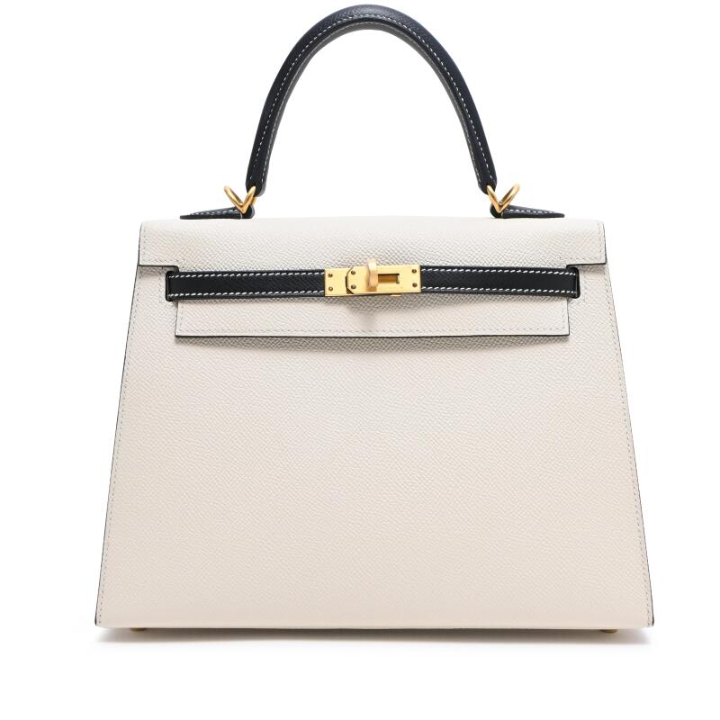 Hermes Craie and Black Epsom HSS Kelly 25 Sellier Brushed Gold Hardware, 2019