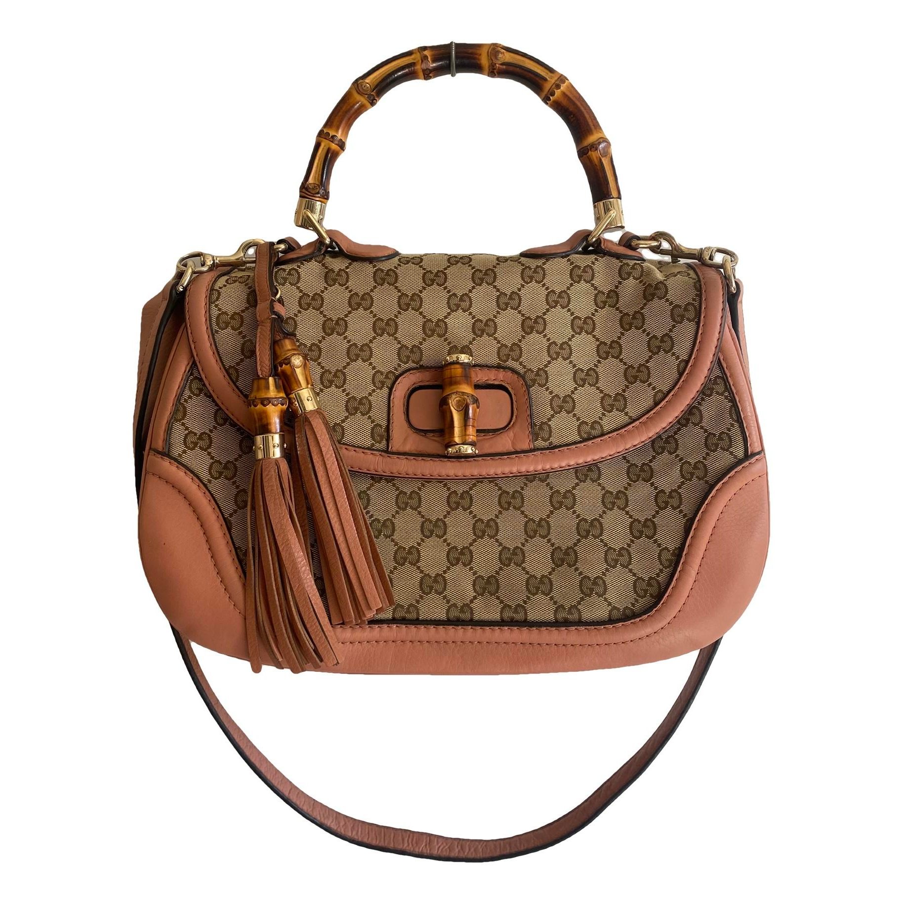 Convertible Pompon Bamboo Top Handle leather handbag