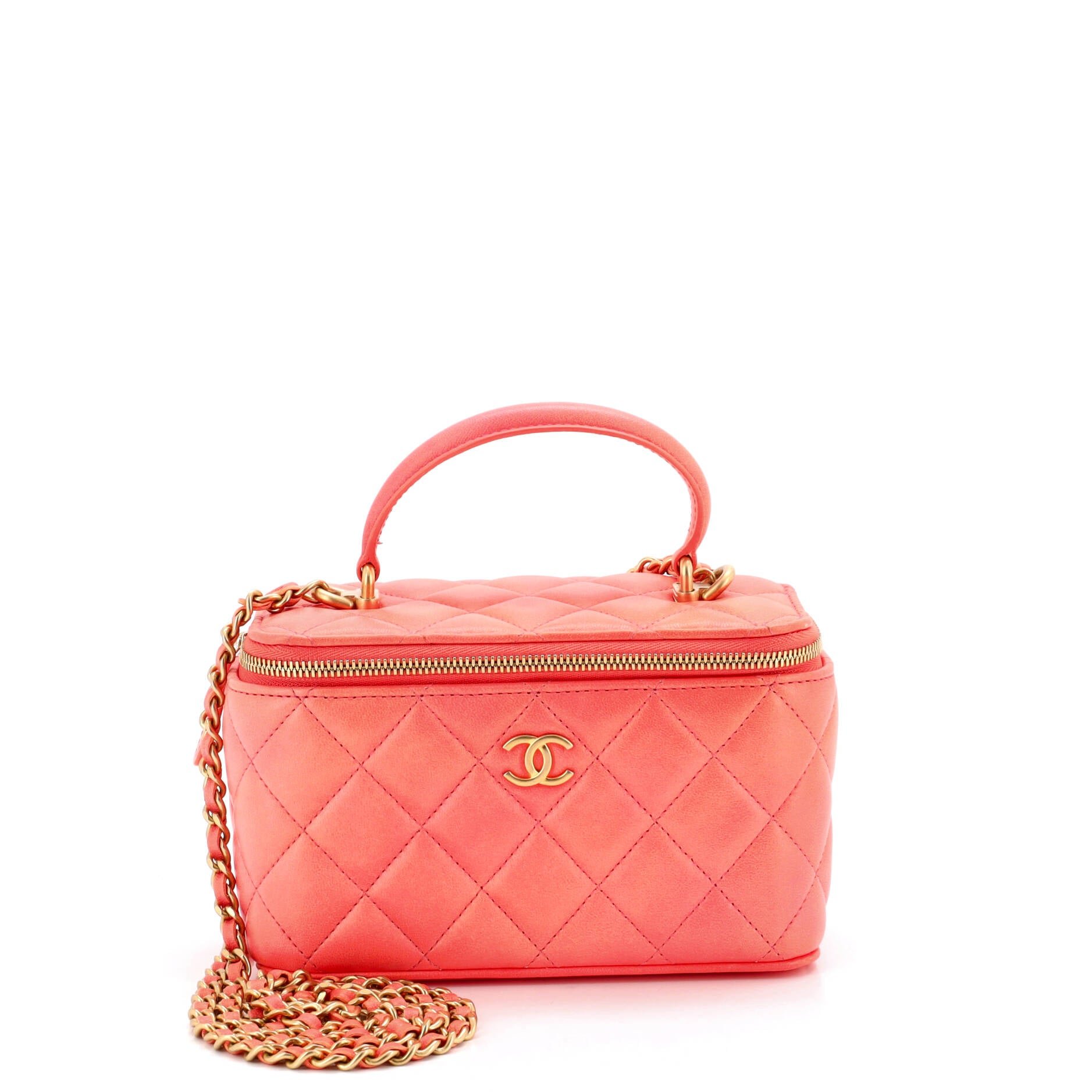Classic Top Handle Vanity Case with Chain Quilted Lambskin Small