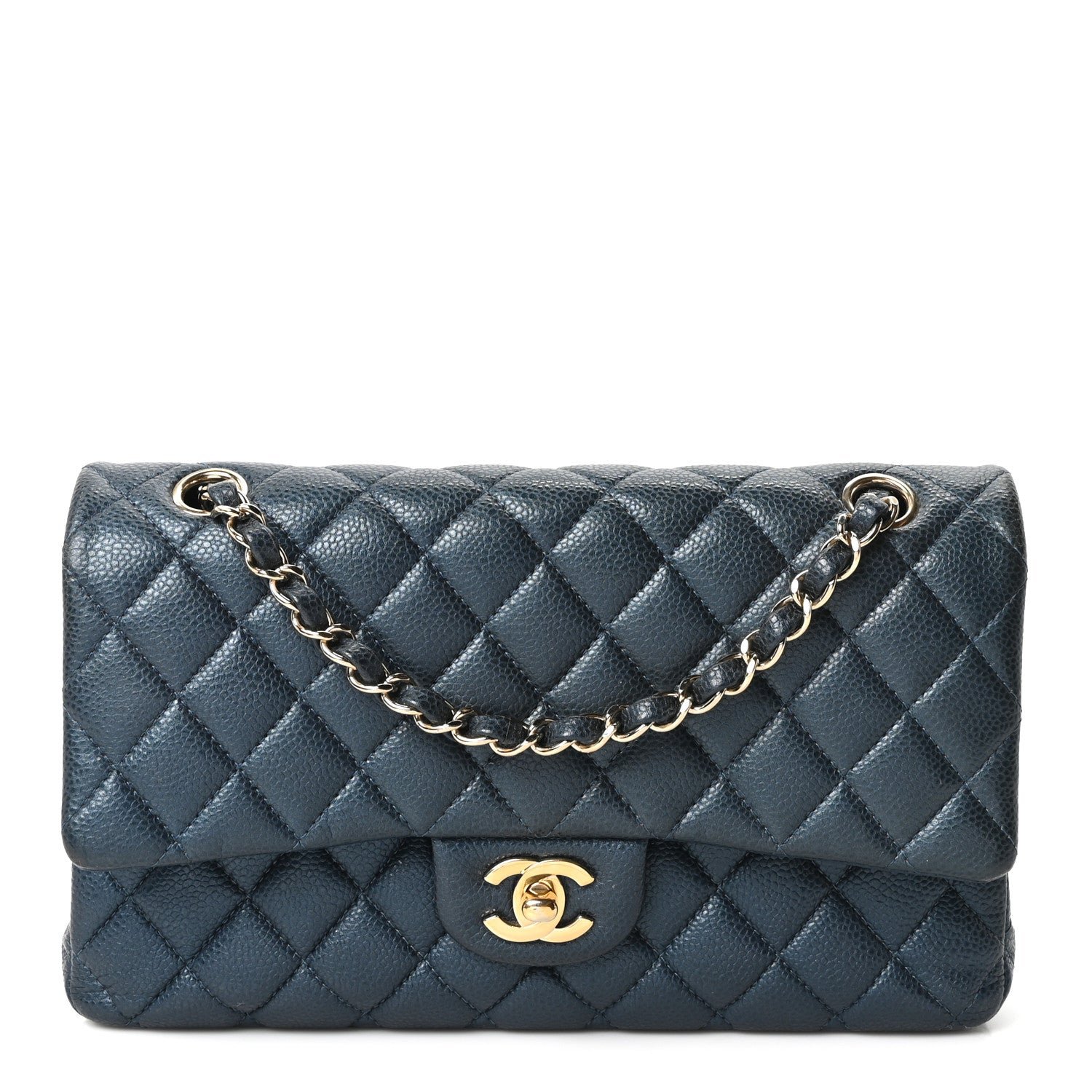 Chanel Metallic Caviar Quilted Medium Double Flap Dark Blue