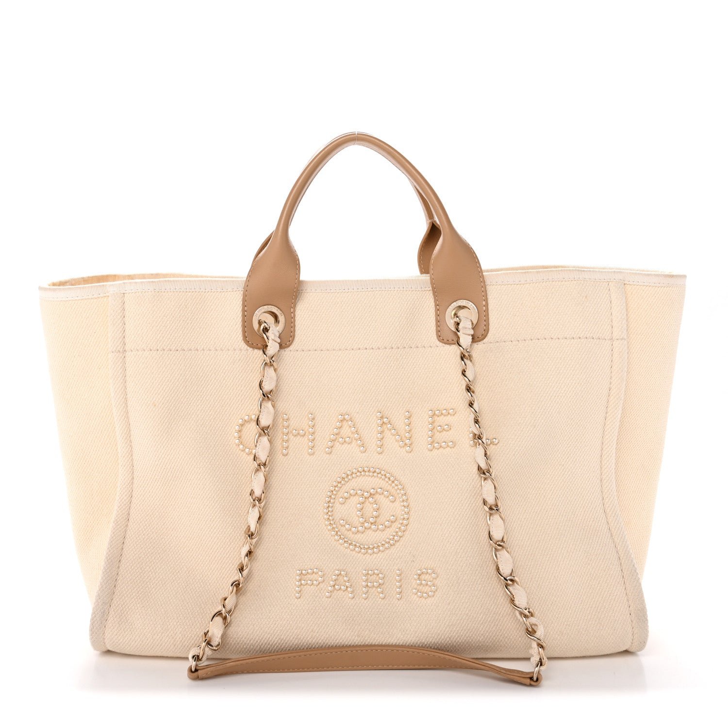 Chanel Canvas Pearl Medium Deauville Tote Ecru Beige