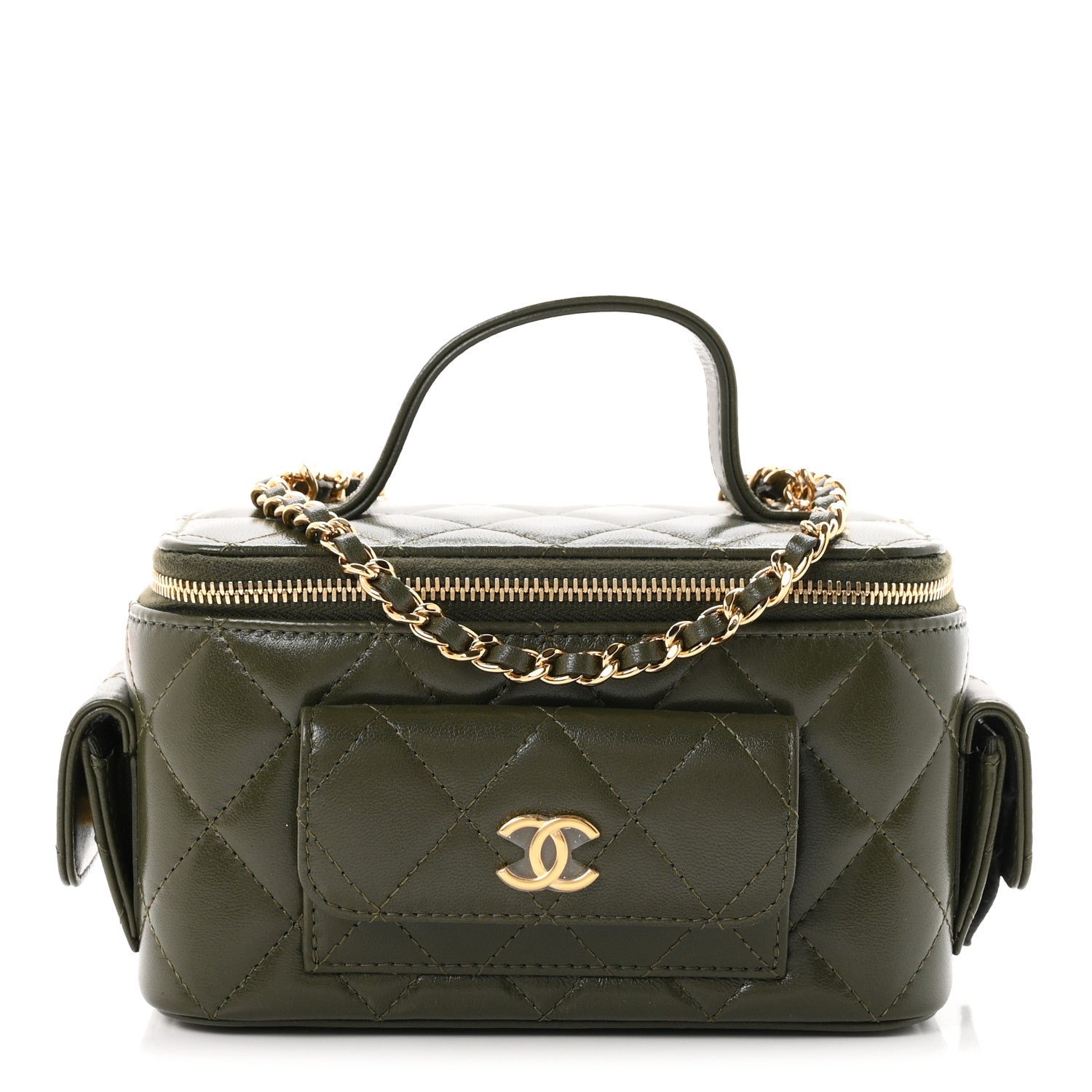 Lambskin Quilted Polly Pocket East West Top Vanity With Chain Khaki