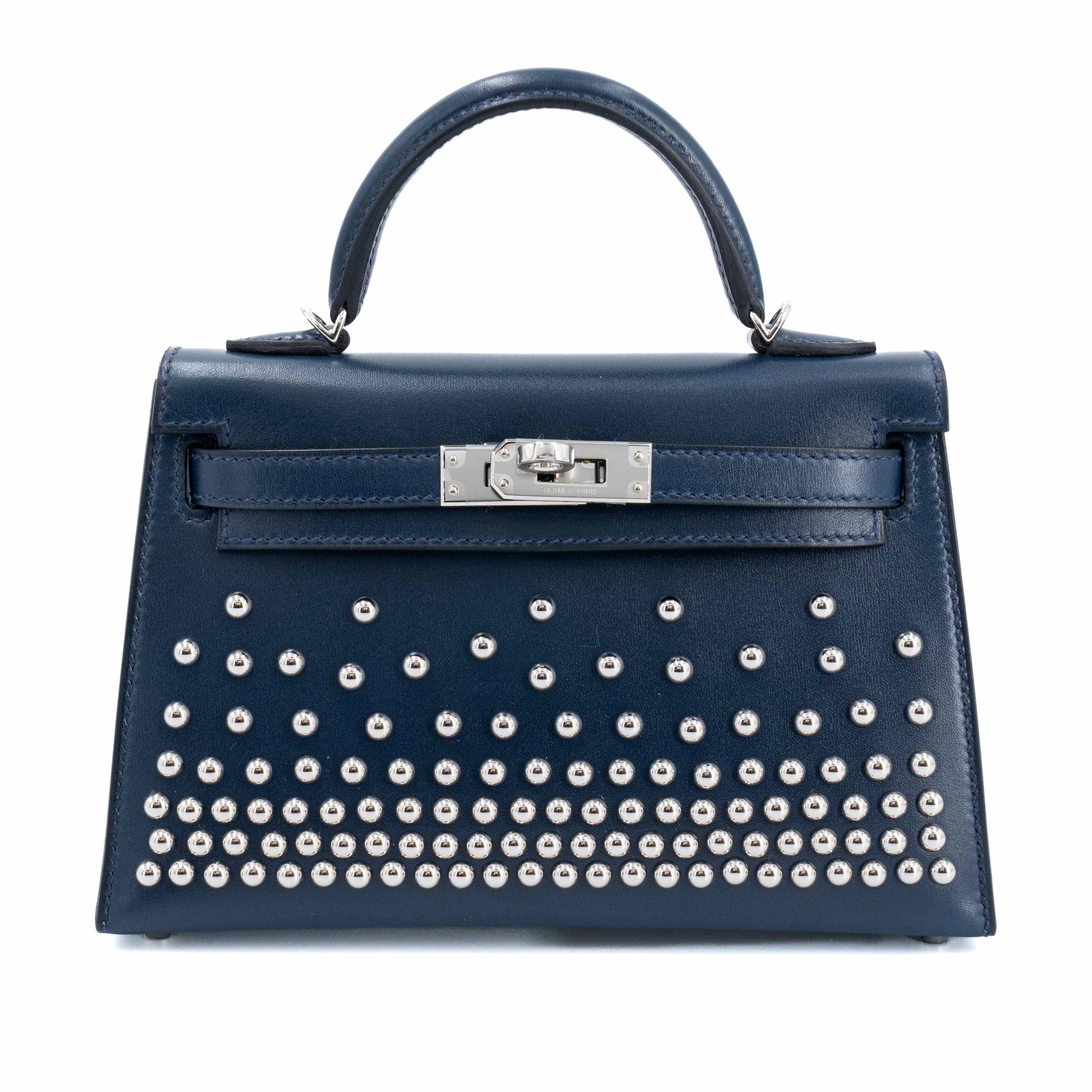 Very Good ( Rank A) HERMÈS Limited Edition Mini Kelly II Cloute Studded Bleu Abysse (7K) Box-calf Palladium hardware K (2025)