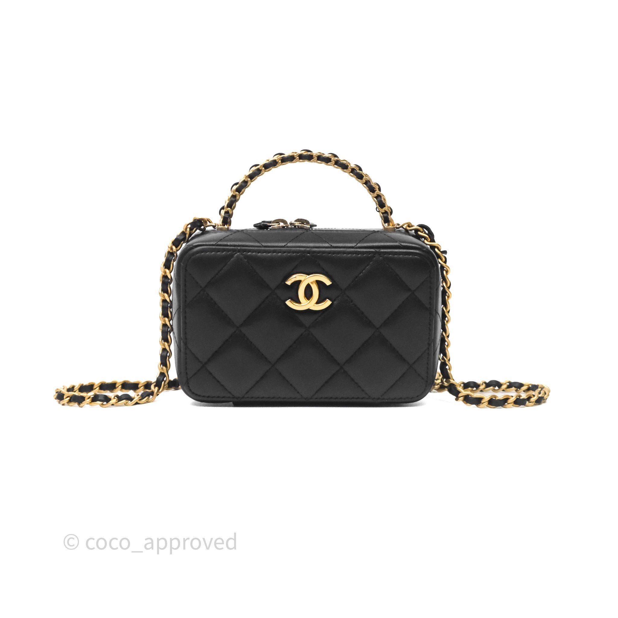 Chanel Top Handle Vanity Case Black Lambskin Aged Gold Hardware