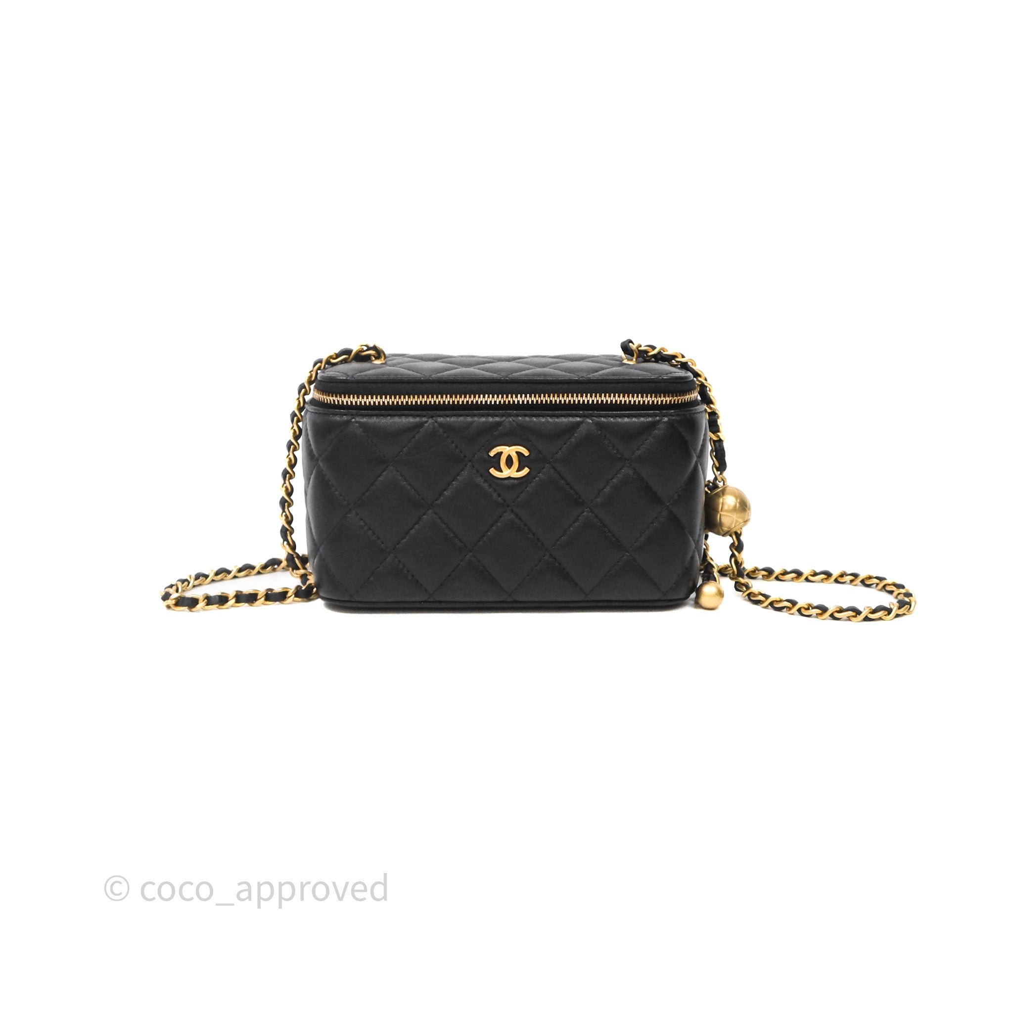 Chanel Pearl Crush Vanity With Chain Black Lambskin Aged Gold Hardware