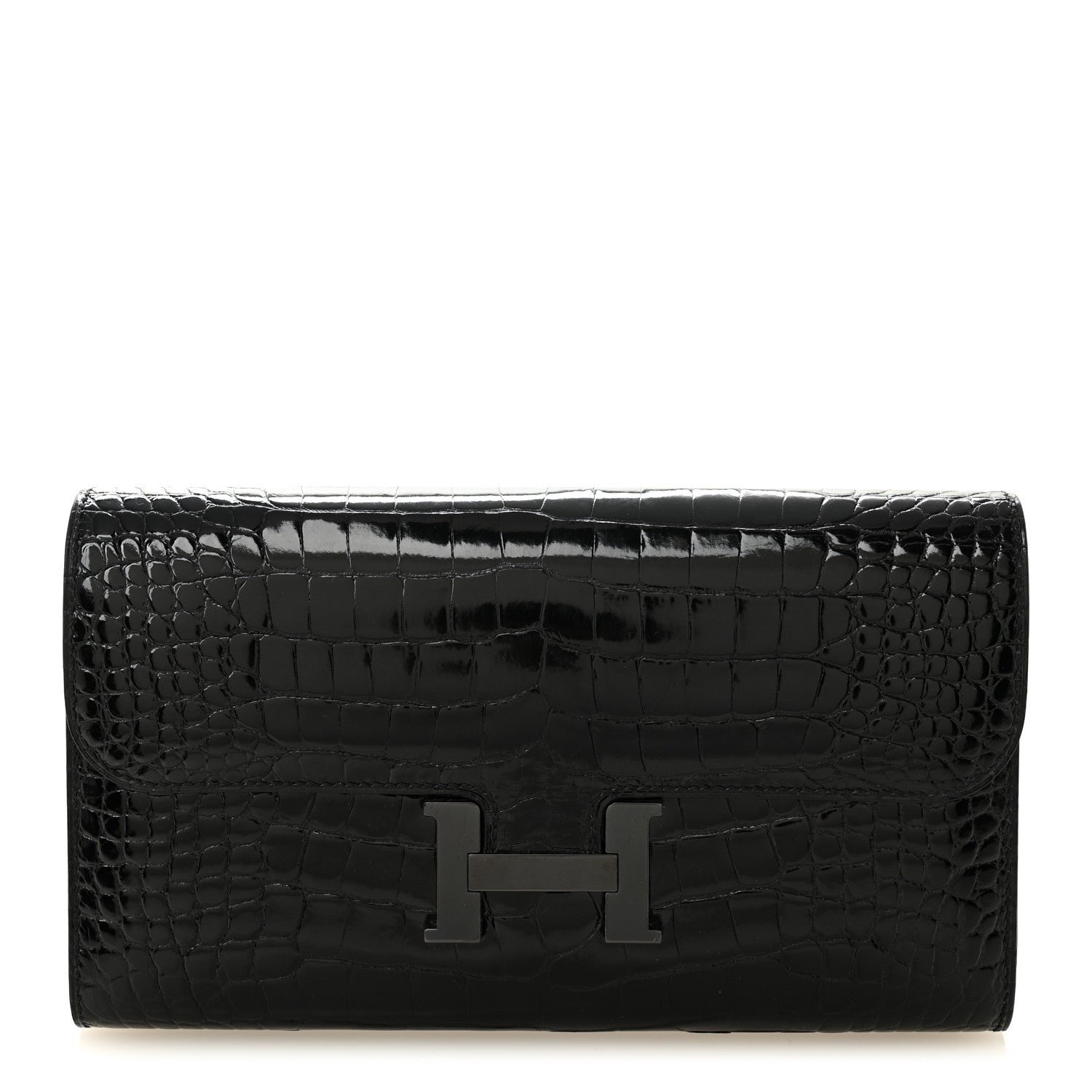 Hermes Hermes Shiny Alligator Monochrome Constance Long Wallet Black