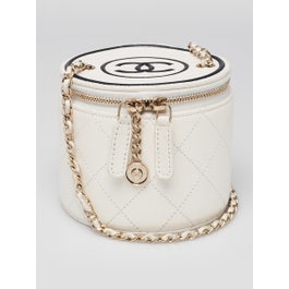 Chanel White Quilted Leather CC Logo Round  Small Vanity Case with Chain Bag