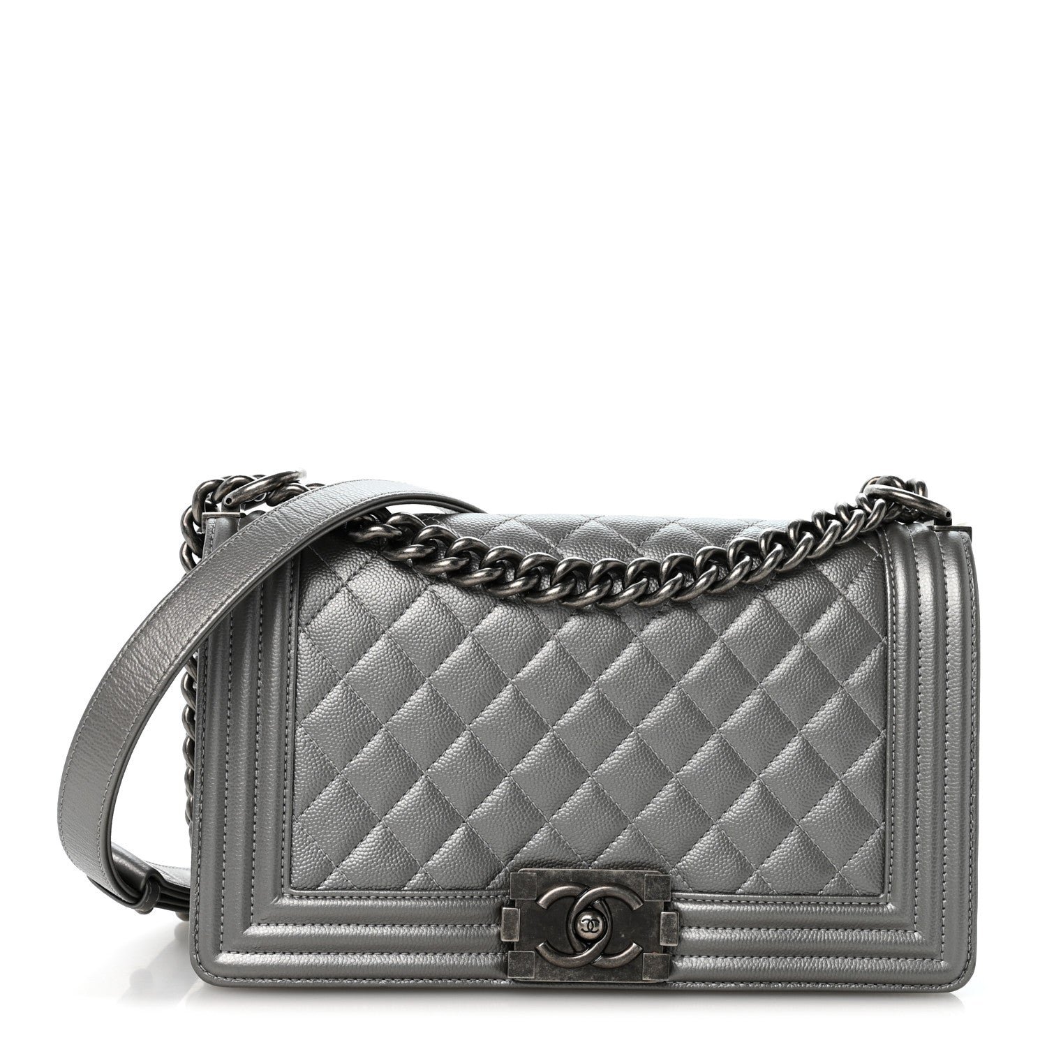 Chanel Metallic Caviar Quilted Medium Boy Flap Silver