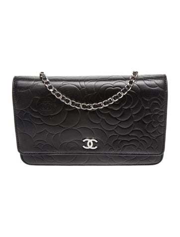 Lambskin Camellia Embossed Wallet on Chain