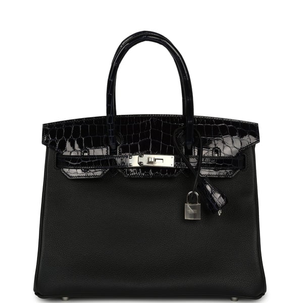 Hermes Birkin 30 Black, Bleu Marine Novillo, Shiny Niloticus Crocodile Touch Palladium Hardware