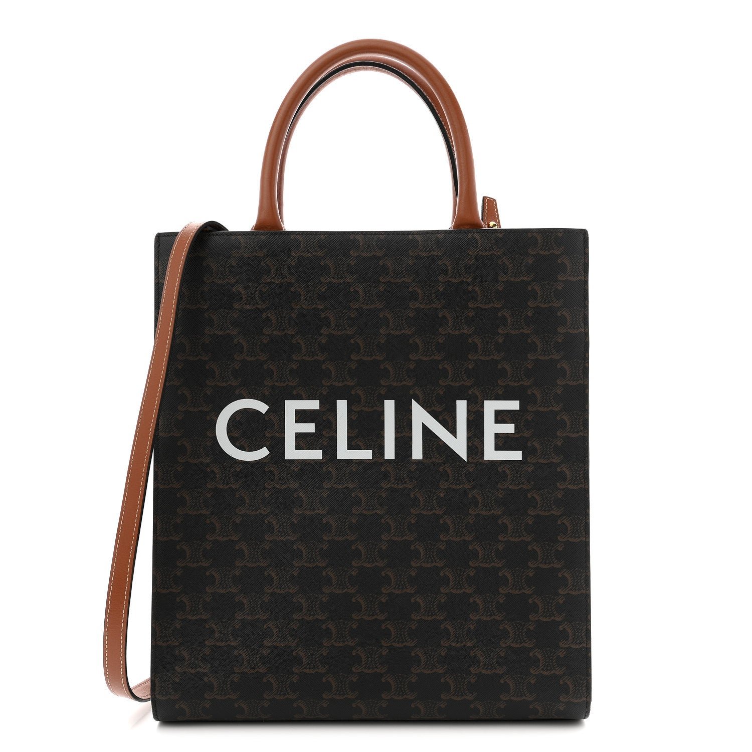Celine Triomphe Canvas Calfskin Small Vertical Cabas Tan