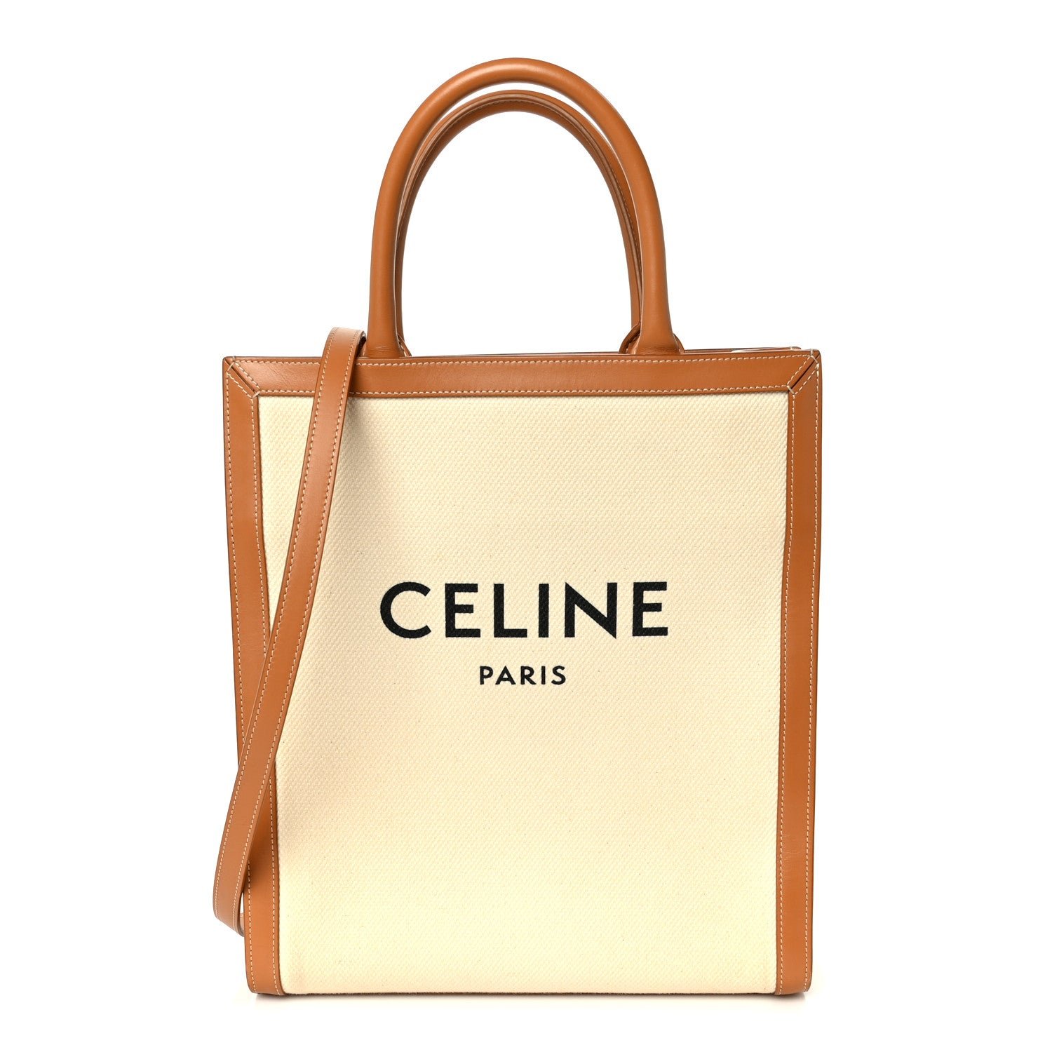 Celine Canvas Calfskin Logo Print Small Vertical Cabas Natural Tan