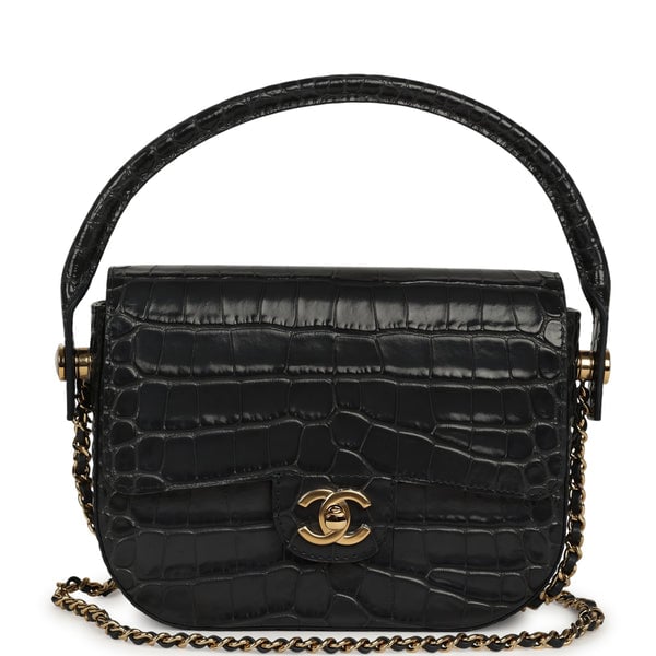 Chanel Mini Top Handle "Turn Around" Flap Dark Grey Croc Embossed Calfskin Gold Hardware