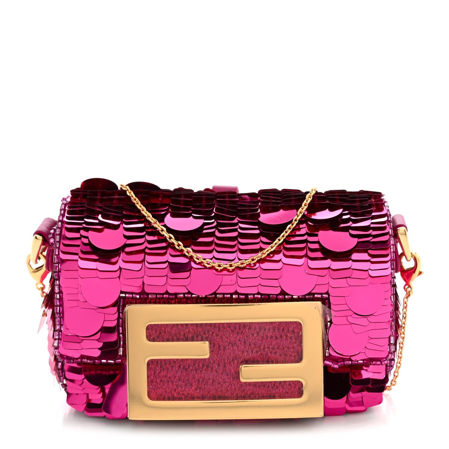 Fendi Sequin Paillettes Shiny Nappa Sex and the City Nano Maxi Buckle Baguette Charm Ciclamino Pilar