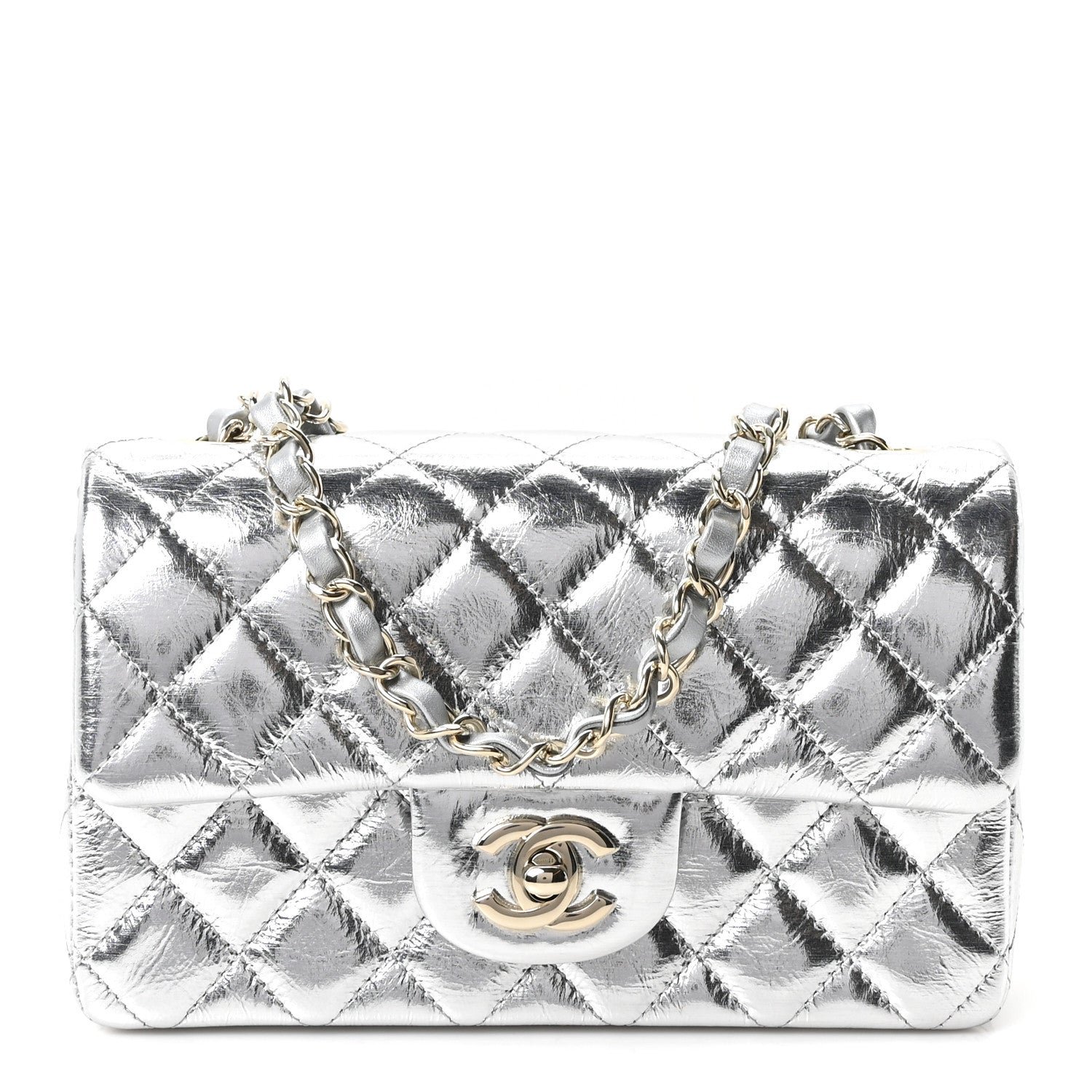 Chanel Hammered Metallic Calfskin Quilted Small Double Flap Silver