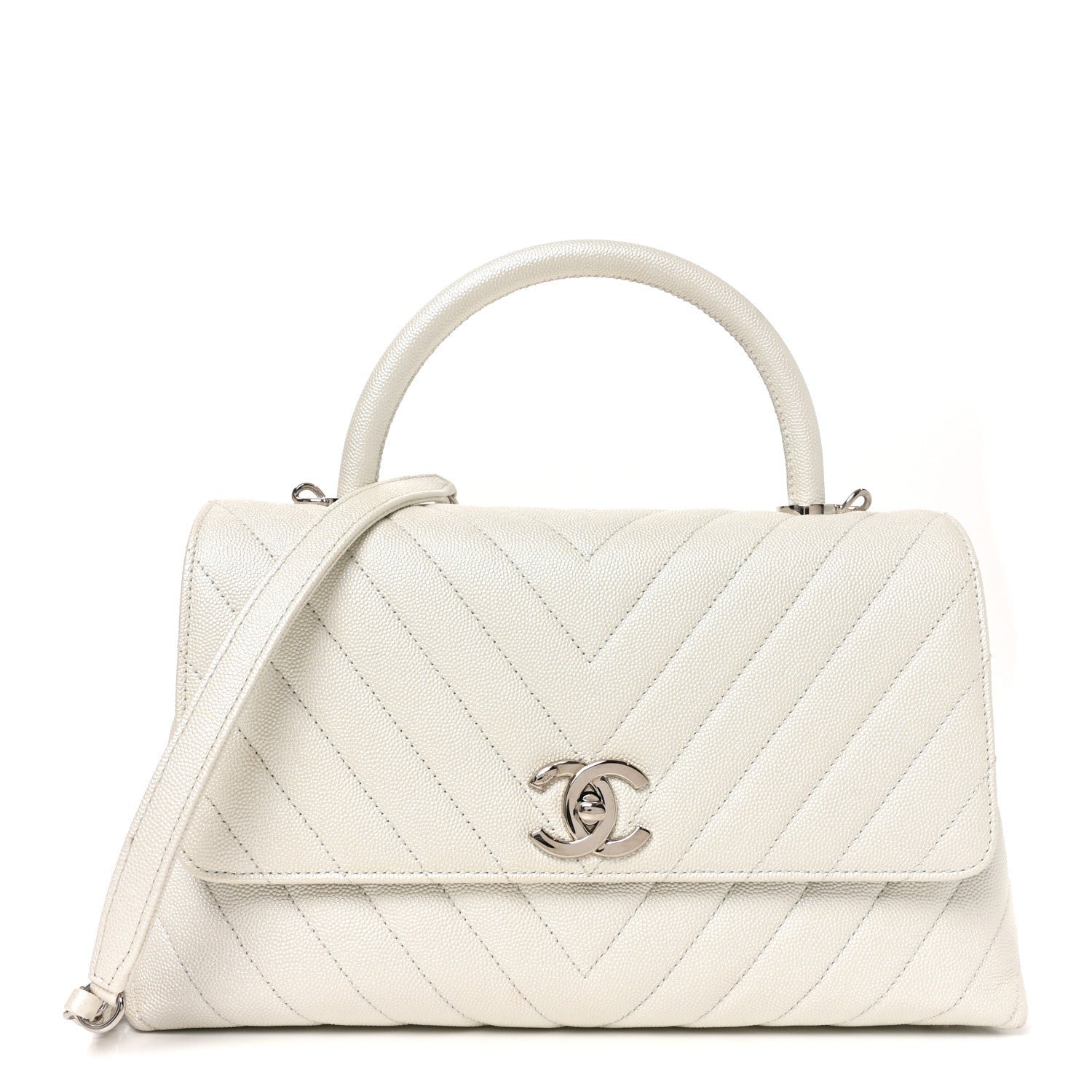 Chanel Iridescent Caviar Chevron Quilted Small Coco Handle Flap White