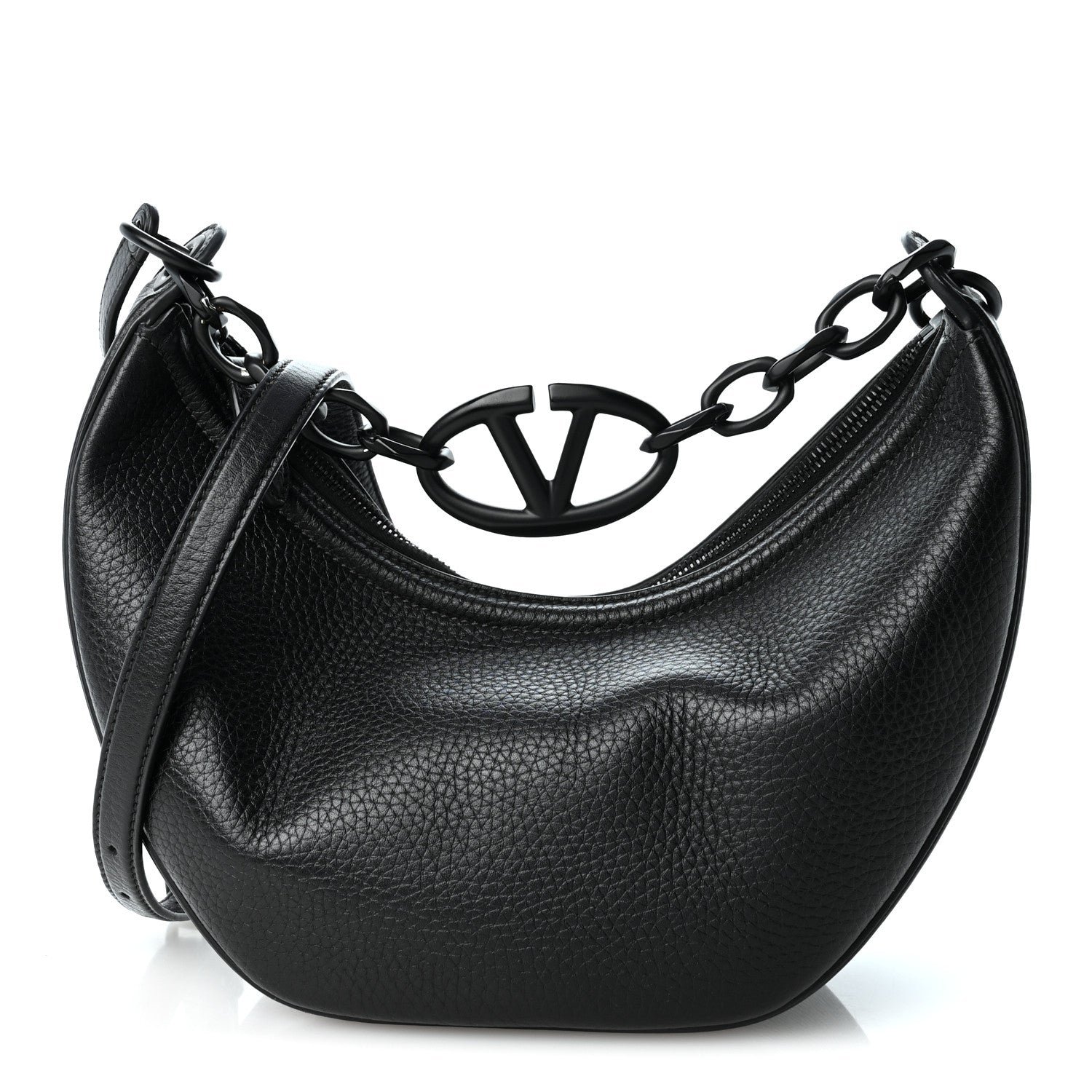 Valentino Garavani Grainy Calfskin Monochrome Small Vlogo Moon Hobo Bag Black