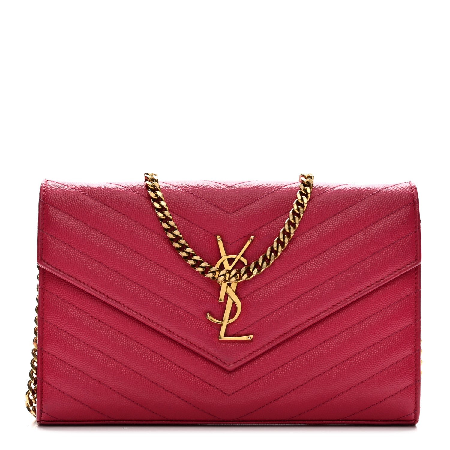 Saint Laurent Grain De Poudre Matelasse Chevron Monogram Chain Wallet Lipstick Fuchsia