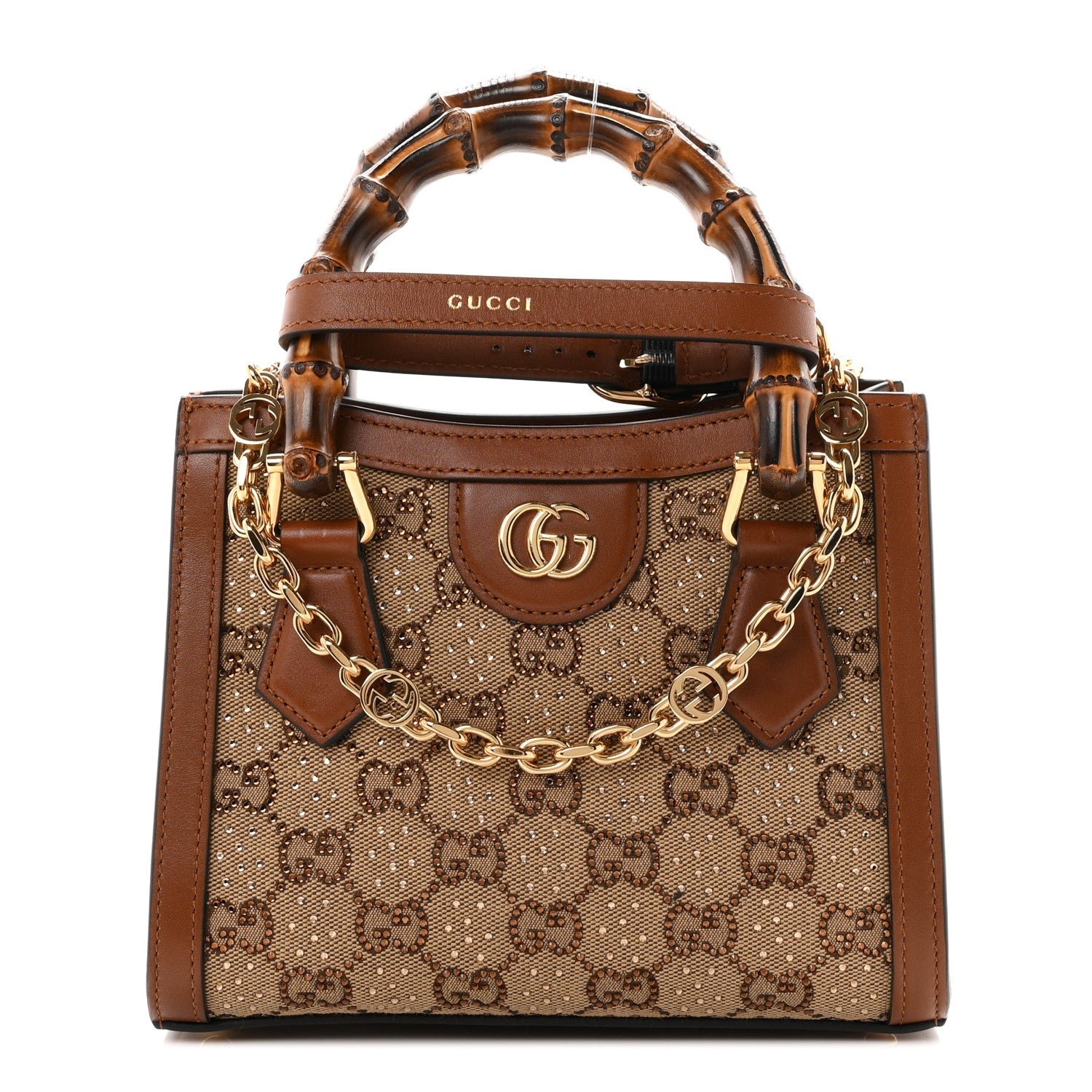 Gucci New Canvas Charisma Calfskin Crystal GG Monogram Mini Diana Tote Bag Camel Ebony