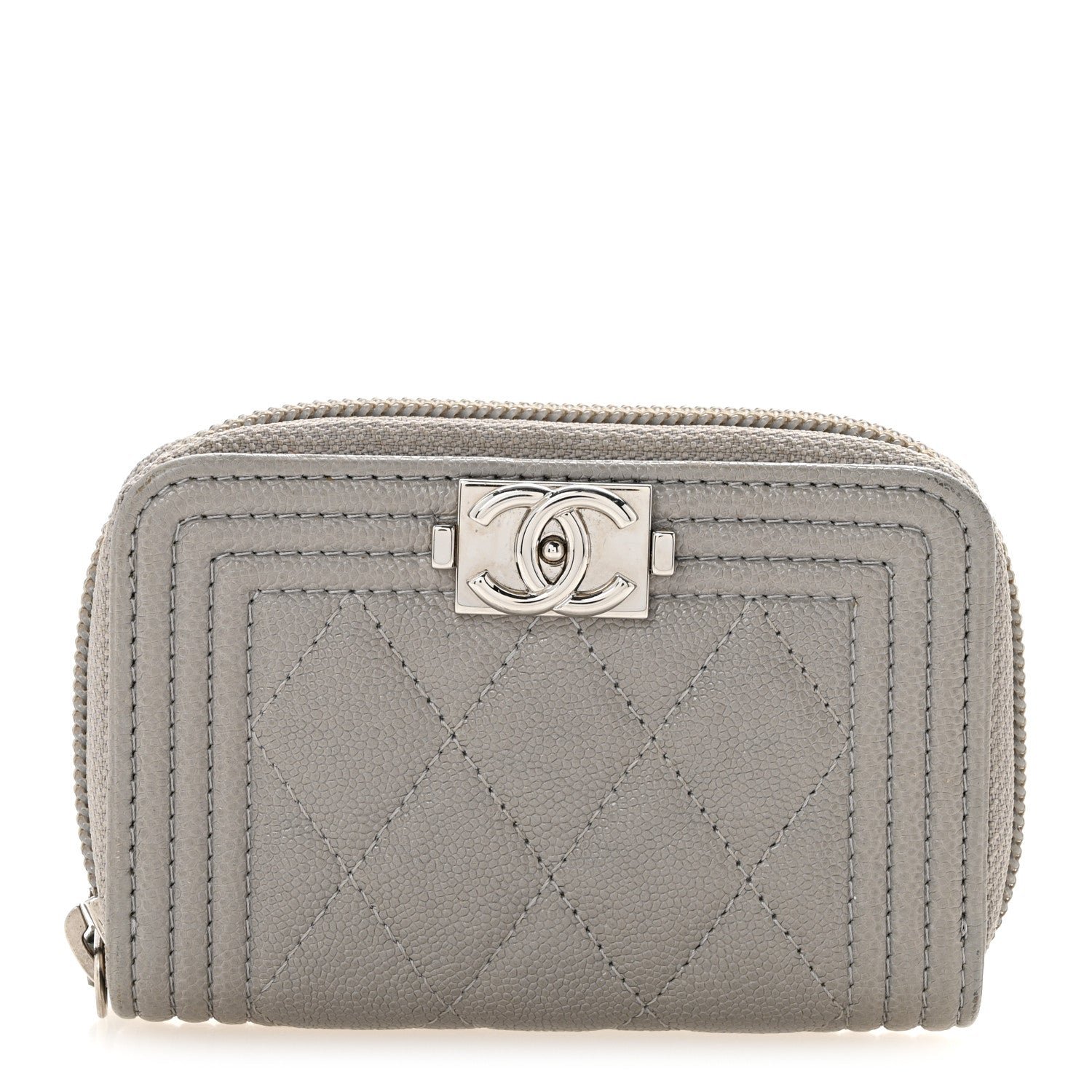 Chanel Caviar Quilted Boy Zip Around Coin Purse Wallet Grey