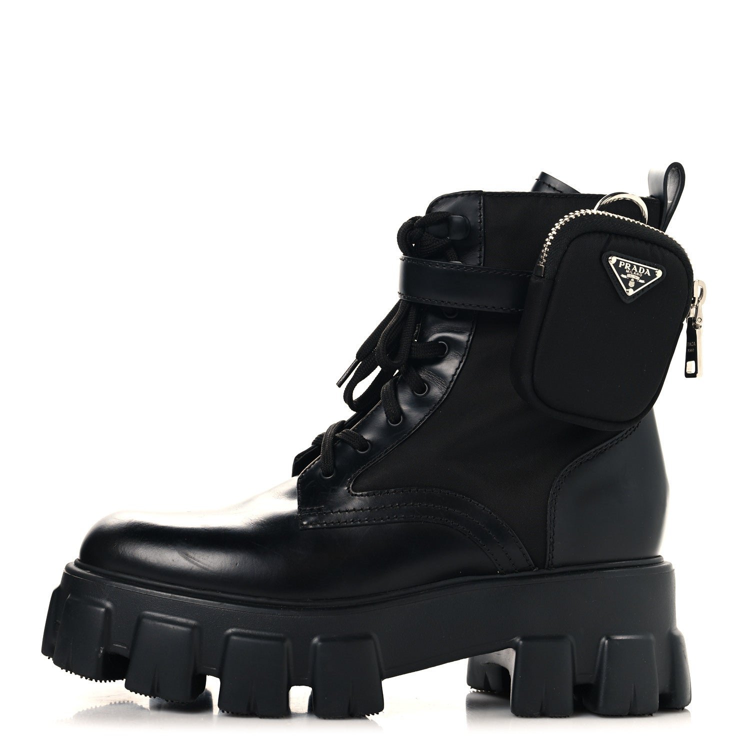Prada Spazzolato Rois Nylon Metal Triangle Logo Monolith Pouch Pocket 55mm Boots 38.5 Black