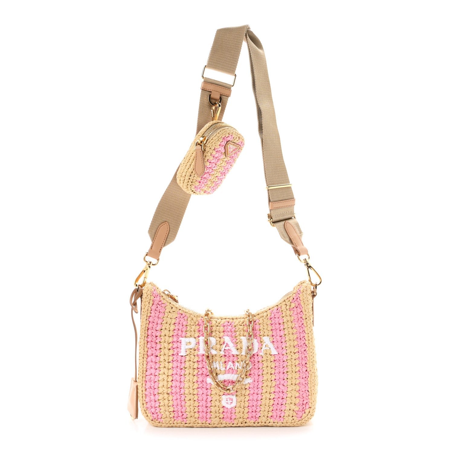 Prada Yarn Raffia Effect Crochet Striped Re-Edition 2005 Shoulder Bag Naturale Petalo