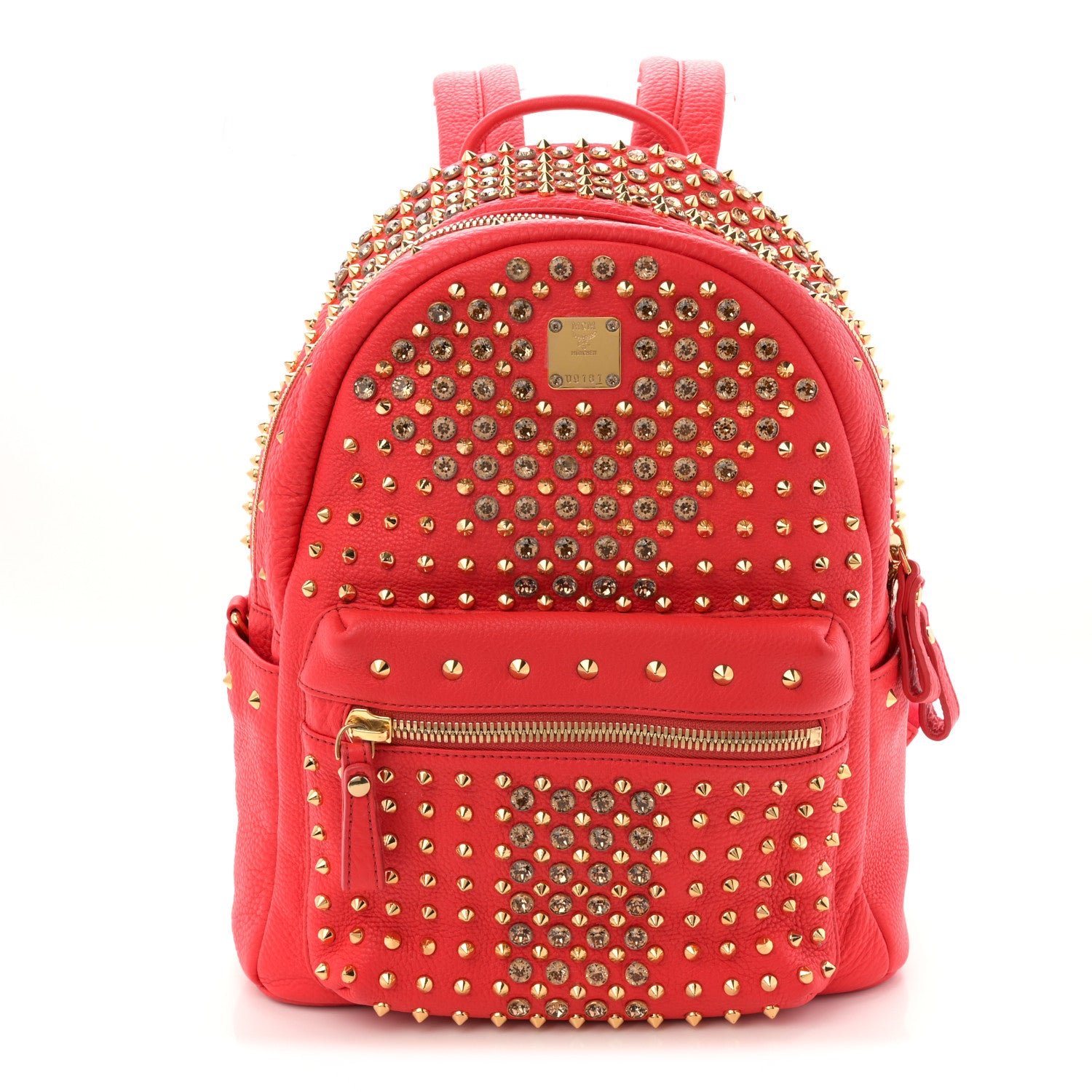 MCM MCM Grainy Lambskin Crystal Studded Small Stark Backpack Red