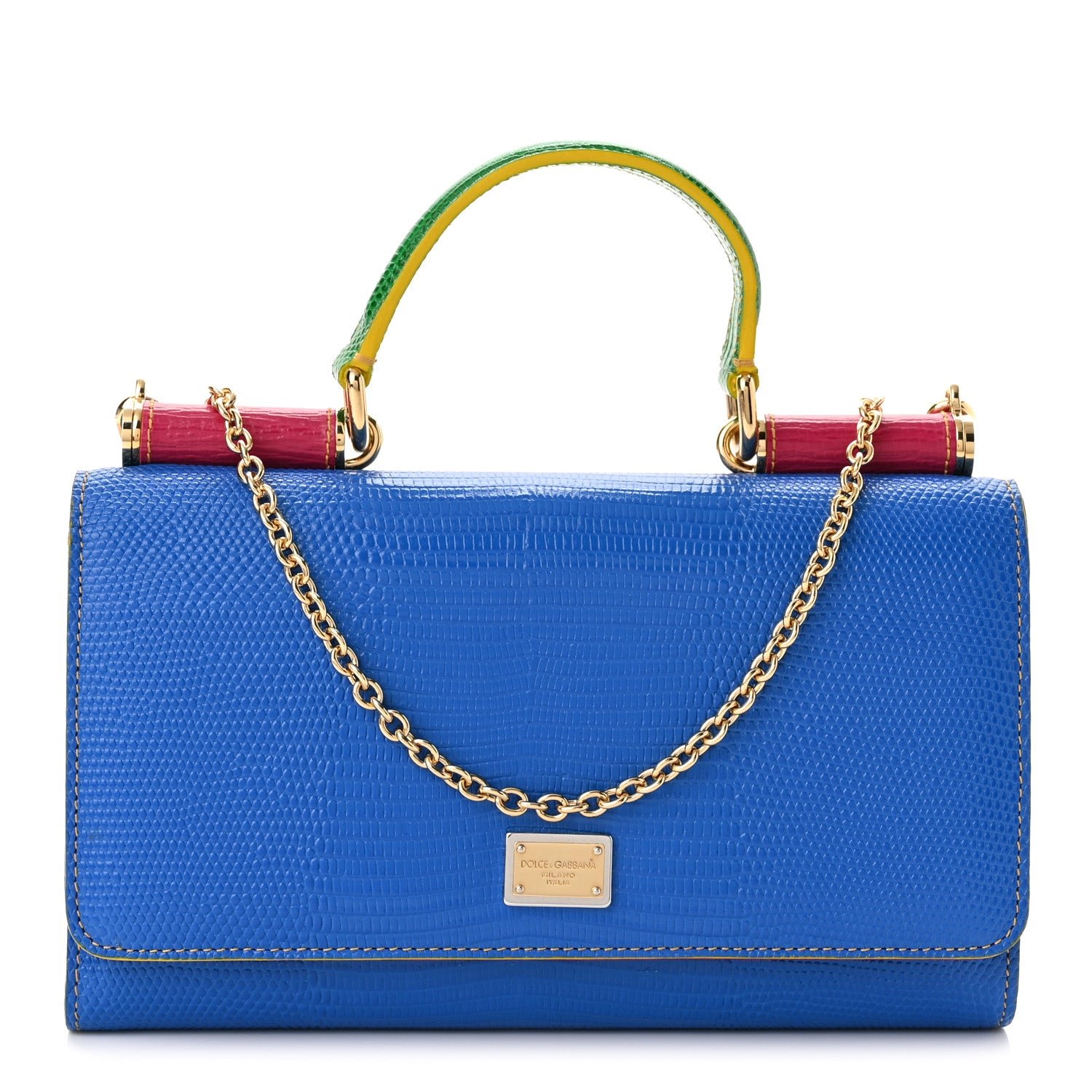 Dolce & Gabbana Lizard Calfskin Embossed Mini Miss Sicily Chain Wallet Blue Multicolor