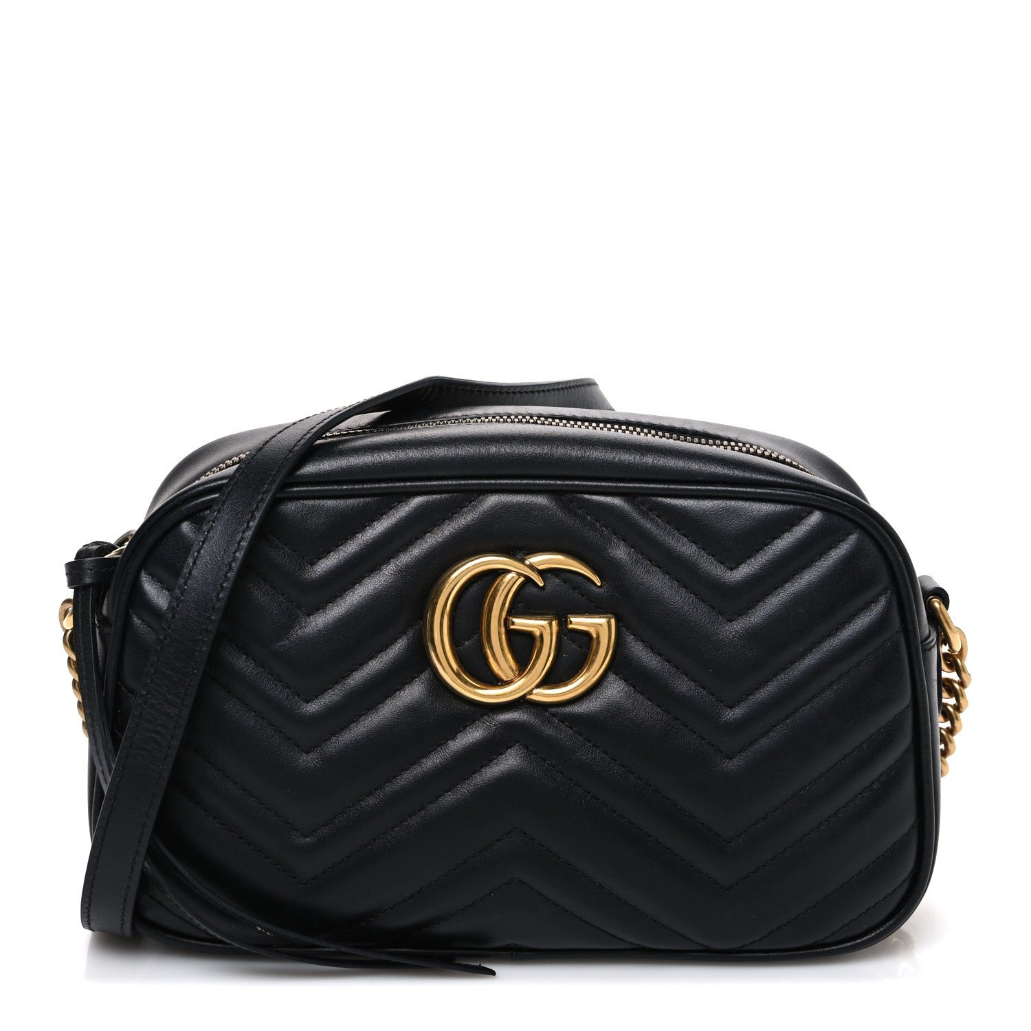 Gucci Calfskin Matelasse Small GG Marmont Chain Shoulder Bag Black