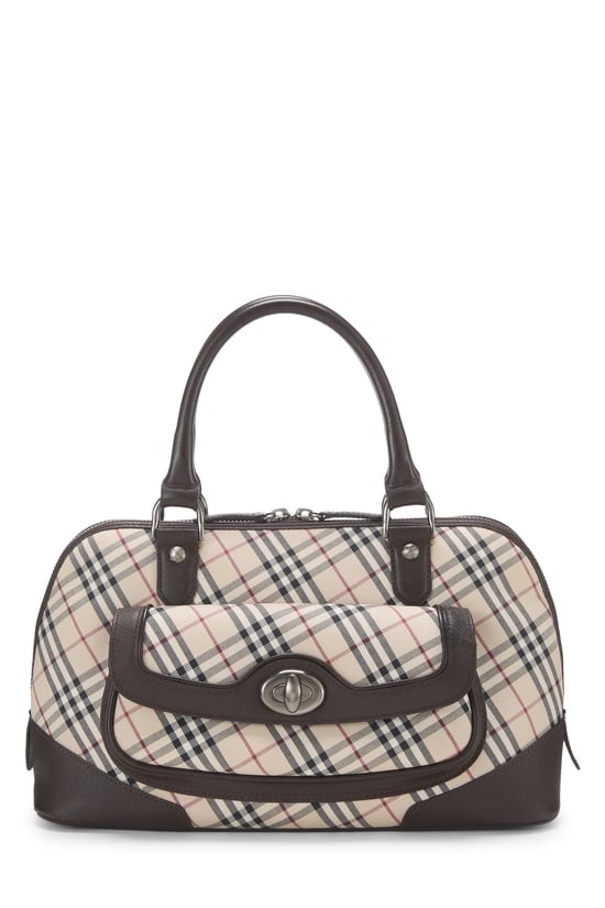 Brown Jacquard Check Turnlock Dome Handbag
